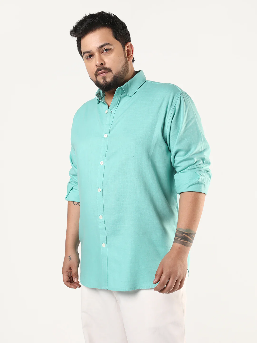 Plus Men's Light Teal Linen Blend Full Sleeve Relaxed Fit Casual Solid Shirt - Image 2