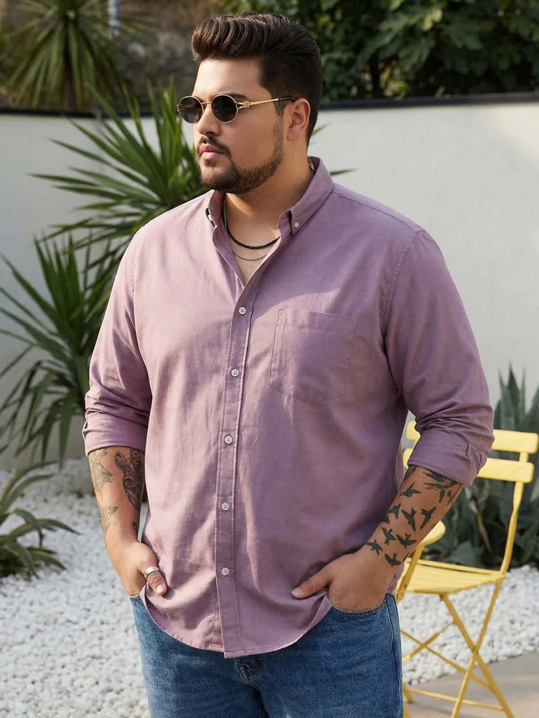 Plus Men's Lilac Cotton Full Sleeve Regular Fit Solid Oxford Shirt With Button-Down Collar
