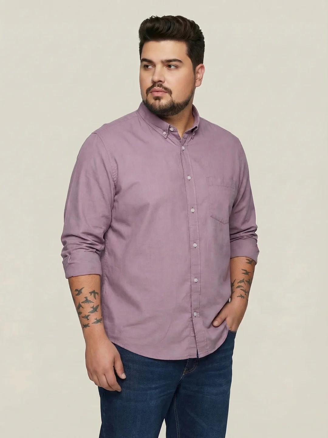 Plus Men's Lilac Cotton Full Sleeve Regular Fit Solid Oxford Shirt With Button-Down Collar - Image 2