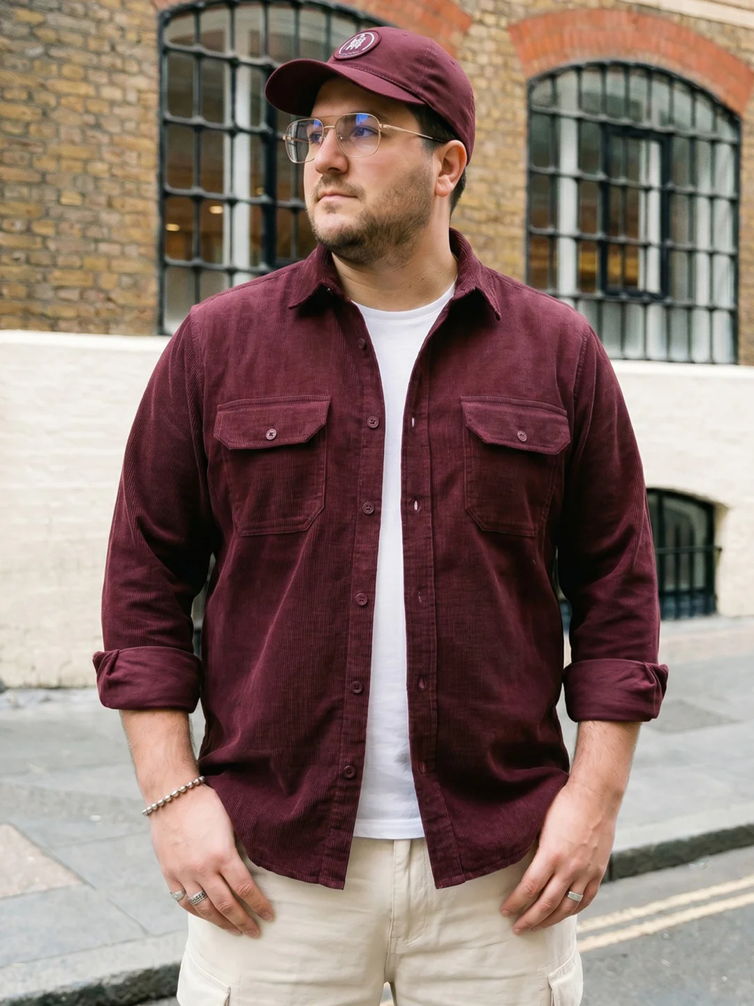 Plus Men's Maroon Corduroy Full Sleeve Regular Fit Solid Overshirt with Utility Pockets