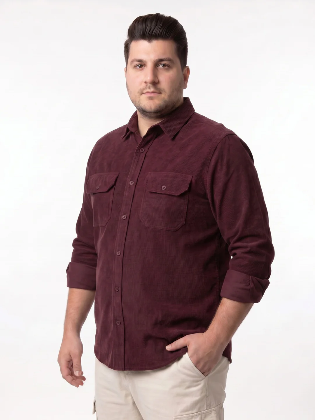 Plus Men's Maroon Corduroy Full Sleeve Regular Fit Solid Overshirt with Utility Pockets - Image 2