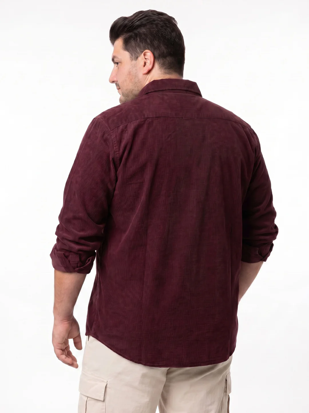 Plus Men's Maroon Corduroy Full Sleeve Regular Fit Solid Overshirt with Utility Pockets - Image 3