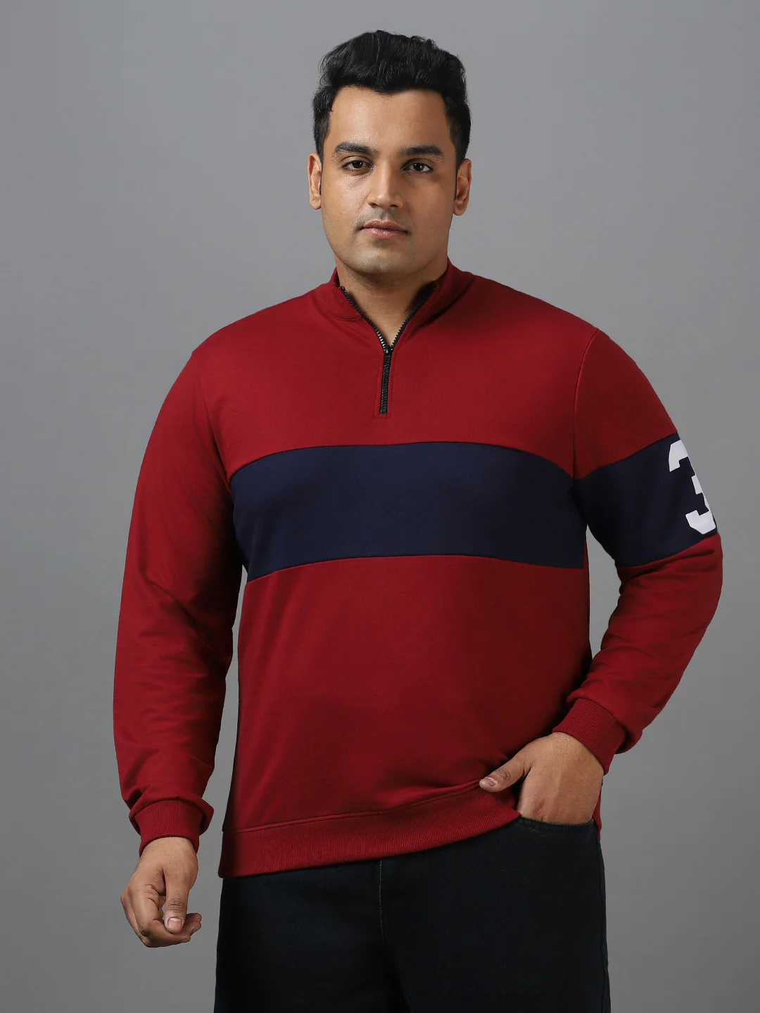 Plus Men's Maroon Cotton Color Block Round Neck Sweatshirt