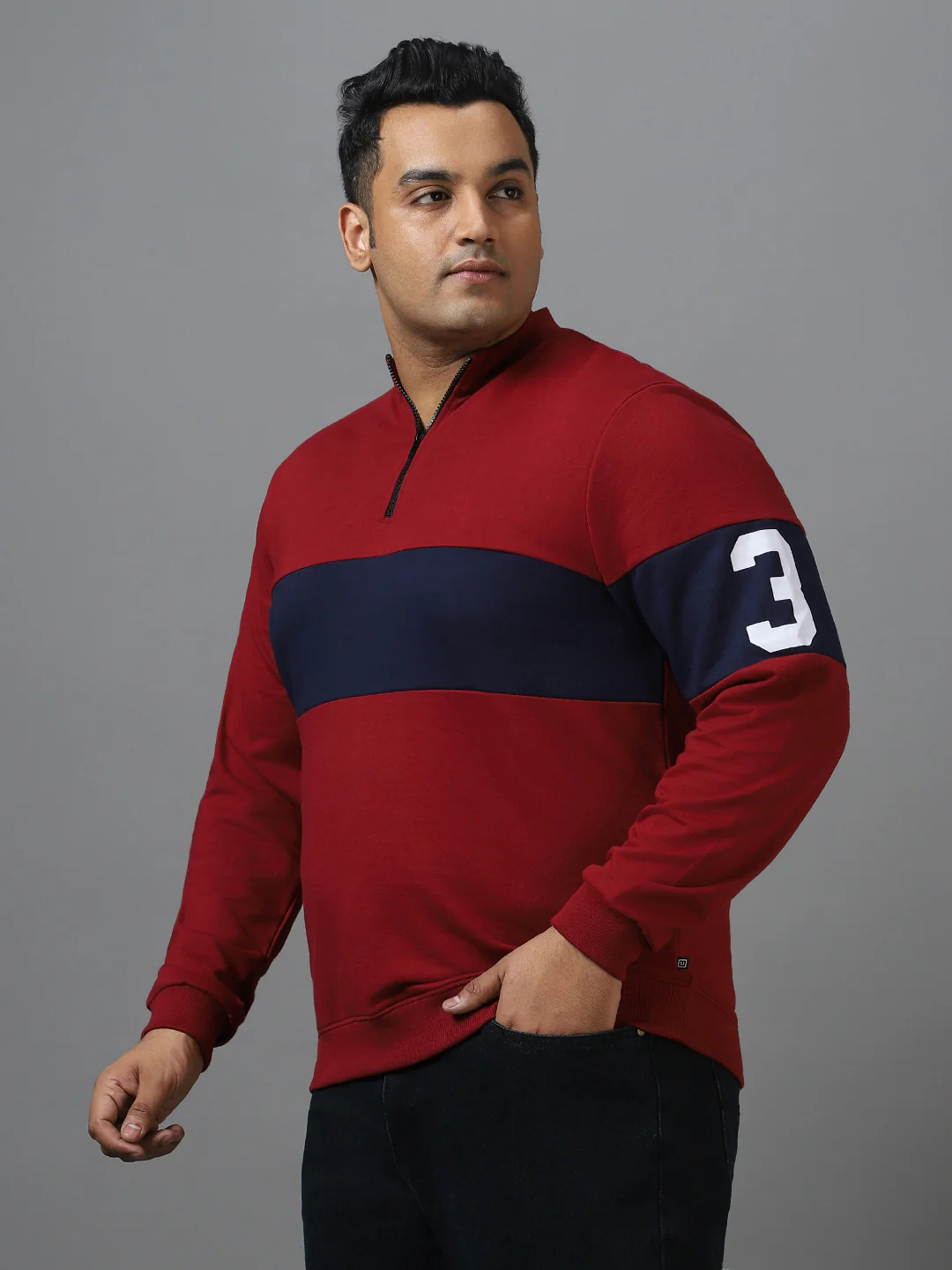 Plus Men's Maroon Cotton Color Block Round Neck Sweatshirt - Image 2