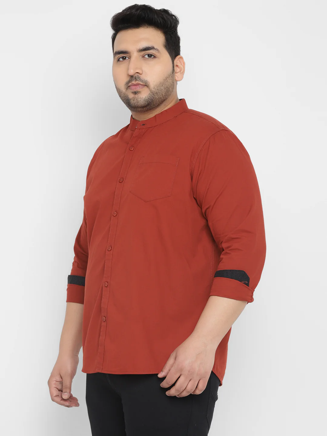 Plus Men's Maroon Cotton Full Sleeve Regular Fit Casual Solid Shirt with Mandarin Collar - Image 2