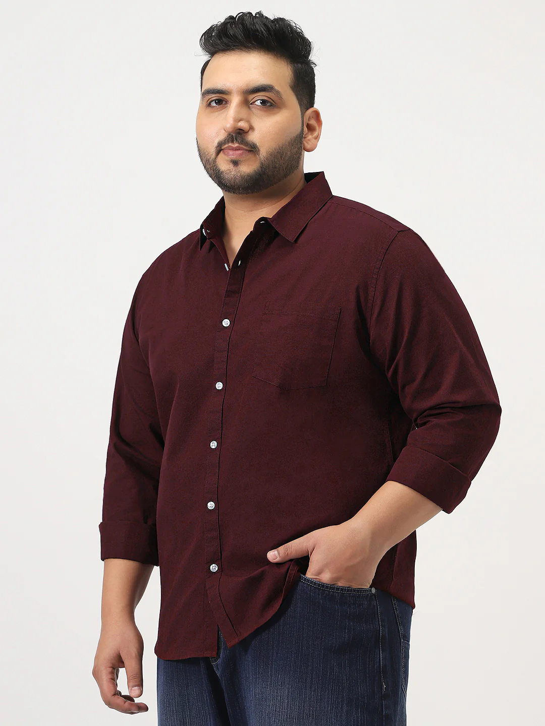 Plus Men's Maroon Cotton Full Sleeve Regular Fit Casual Solid Slub Shirt with Spread Collar - Image 2