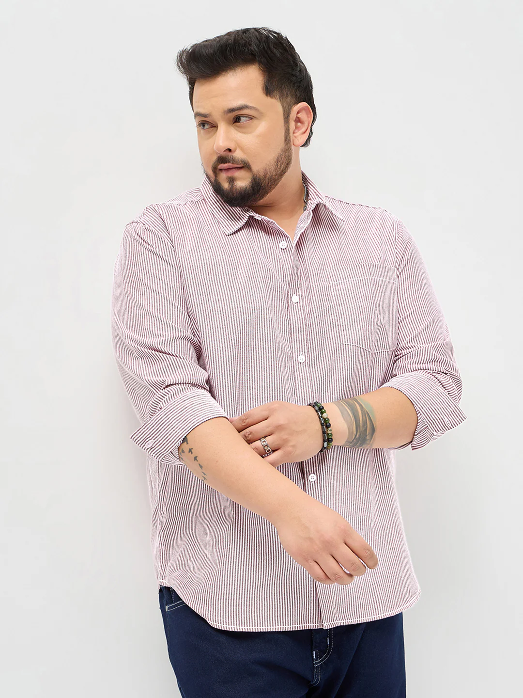 Plus Men's Maroon Cotton Full Sleeve Regular Fit Casual Striped Shirt - Image 2