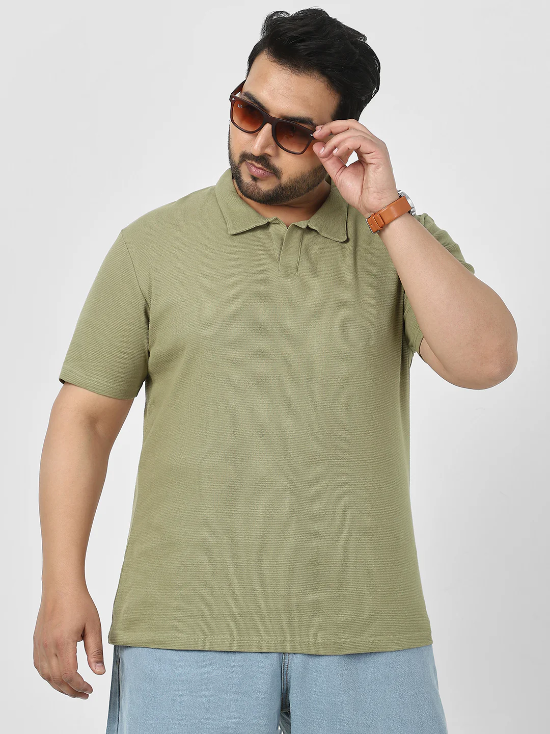 Plus Men's Matcha Green Textured Regular Fit Half Sleeve Cotton Polo T-Shirt - Image 2