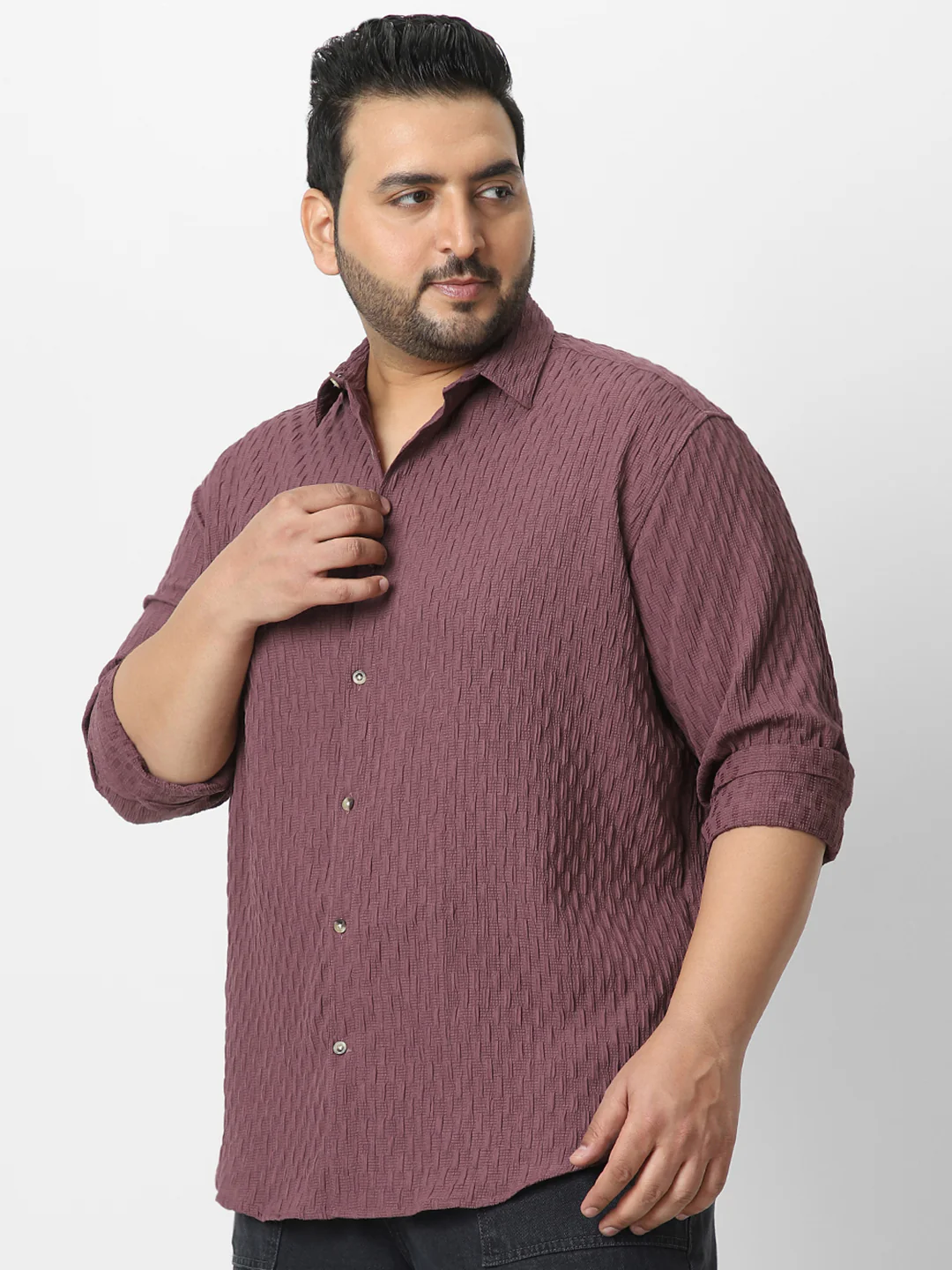 Plus Men's Mauve Cotton Full Sleeve Regular Fit Textured Shirt with Spread Collar - Image 2