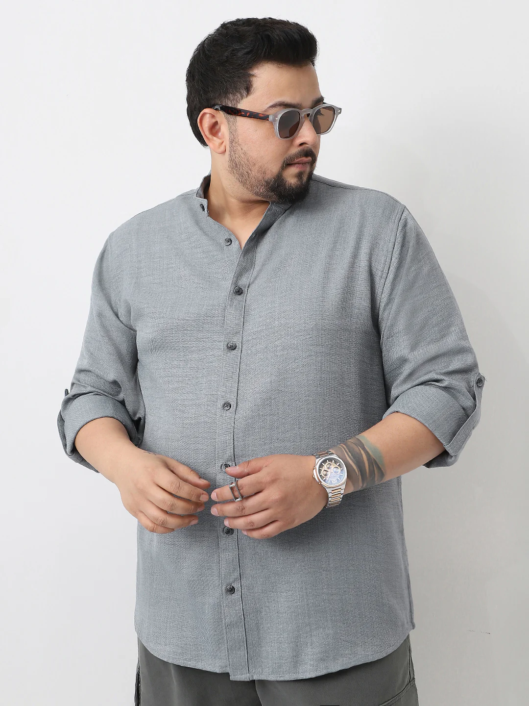 Plus Men's Metallic Blue Linen Blend Full Sleeve Relaxed Fit Mandarin Collar Casual Solid Shirt