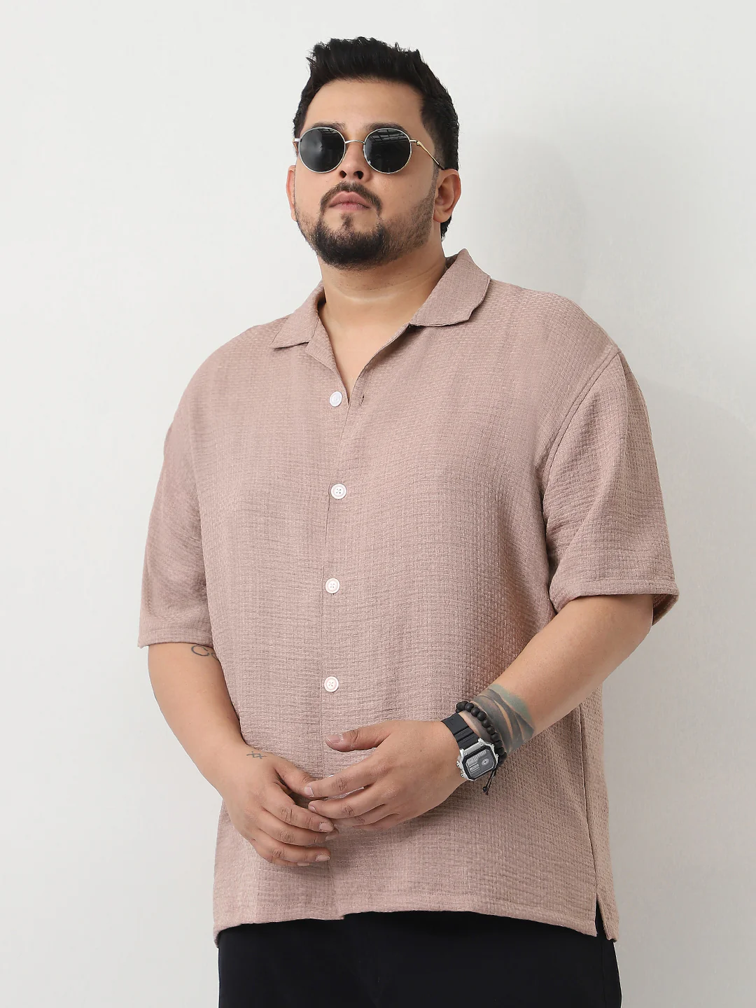 Plus Men's Mocha Mousse Cotton Half Sleeve Oversized Fit Textured Shirt with Cuban Collar