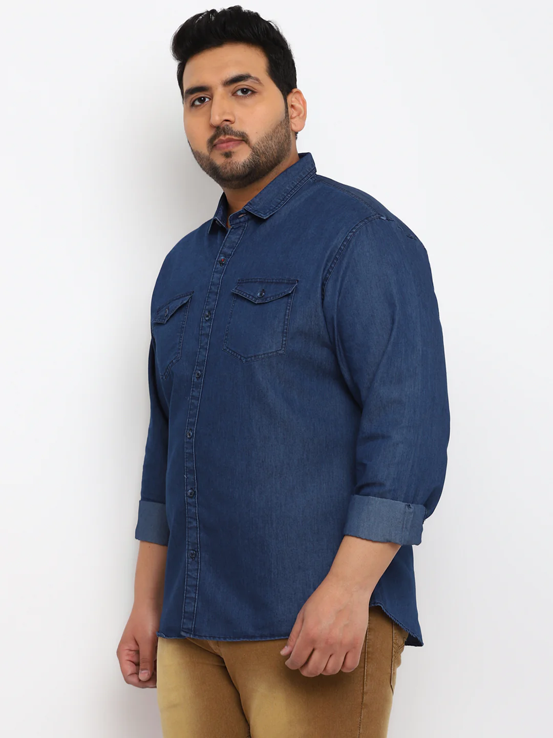 Plus Men's Navy Blue Full Sleeve Regular Fit Casual Denim Shirt - Image 2