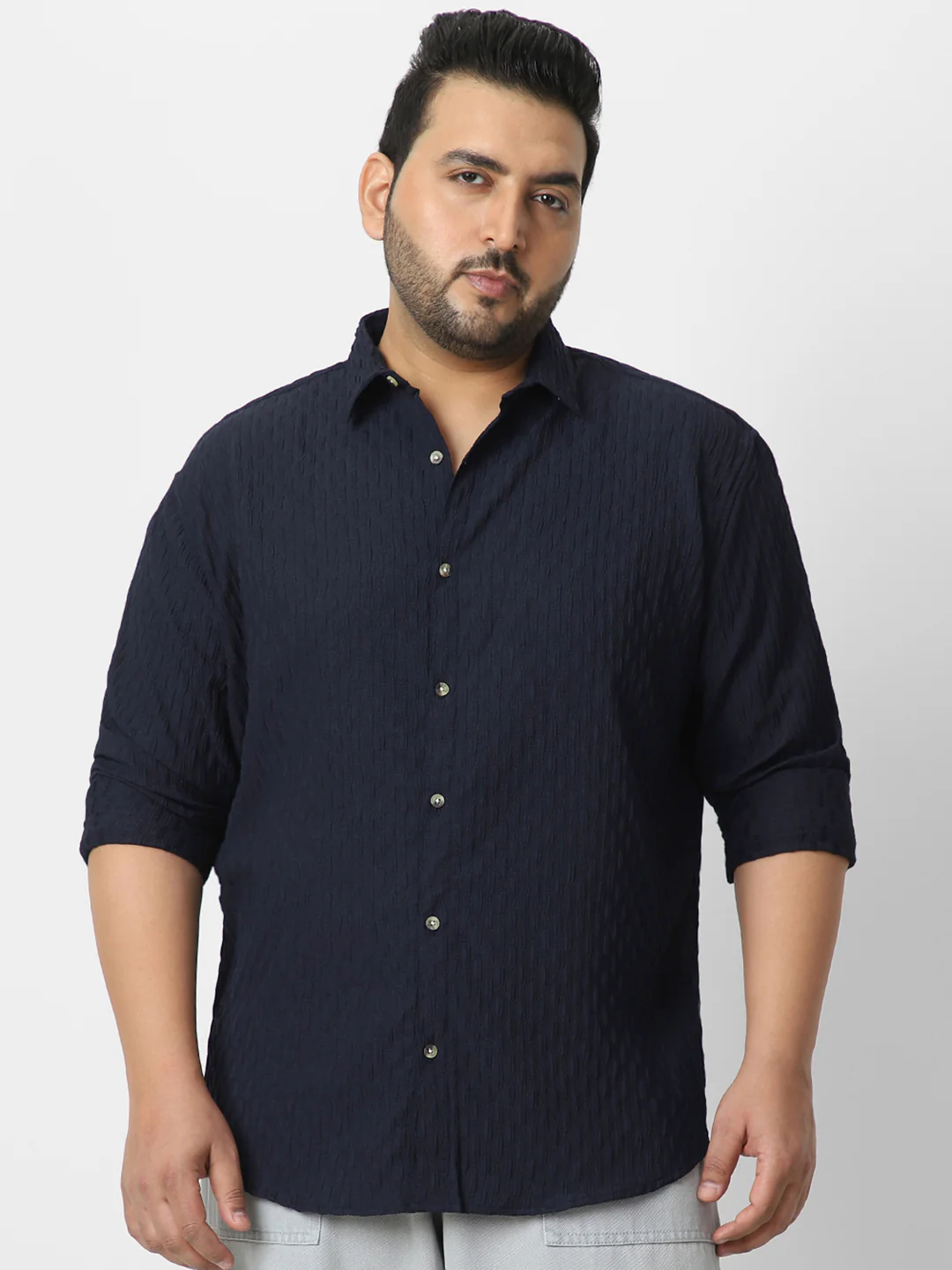 Plus Men's Navy Cotton Full Sleeve Regular Fit Textured Shirt with Spread Collar - Image 2