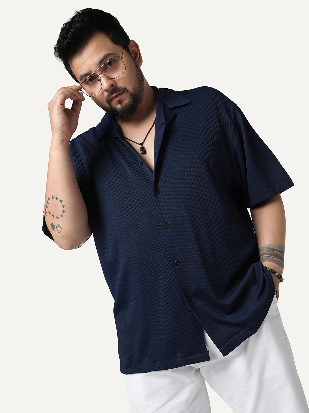 Plus Men's Navy Cotton Half Sleeve Oversized Fit Textured Shirt with Cuban Collar