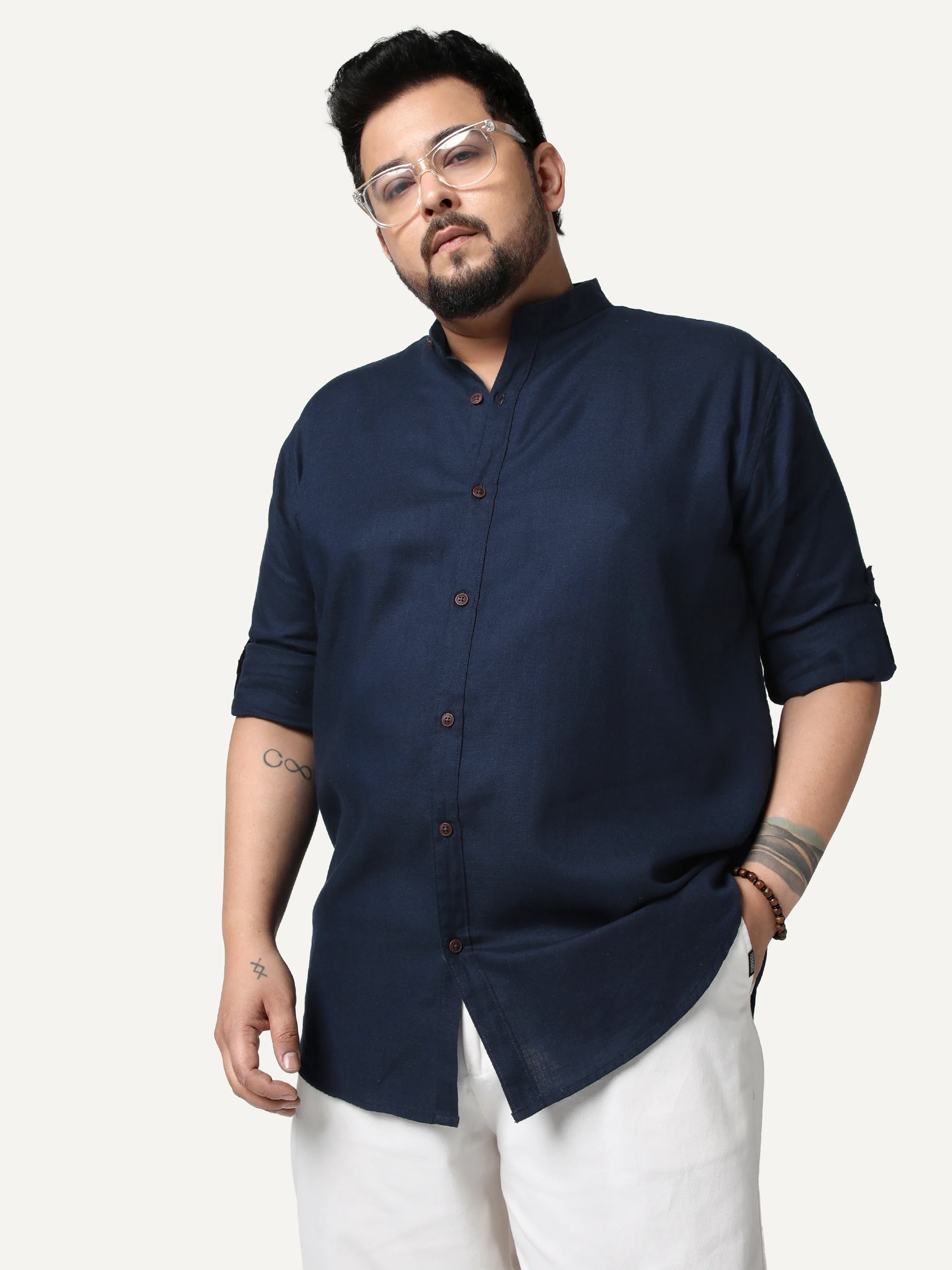 Plus Men's Navy Linen Blend Full Sleeve Relaxed Fit Mandarin Collar Casual Solid Shirt