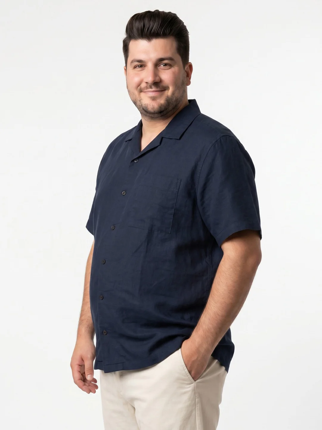 Plus Men's Navy Linen Half Sleeve Oversized Fit Shirt with Cuban Collar - Image 2