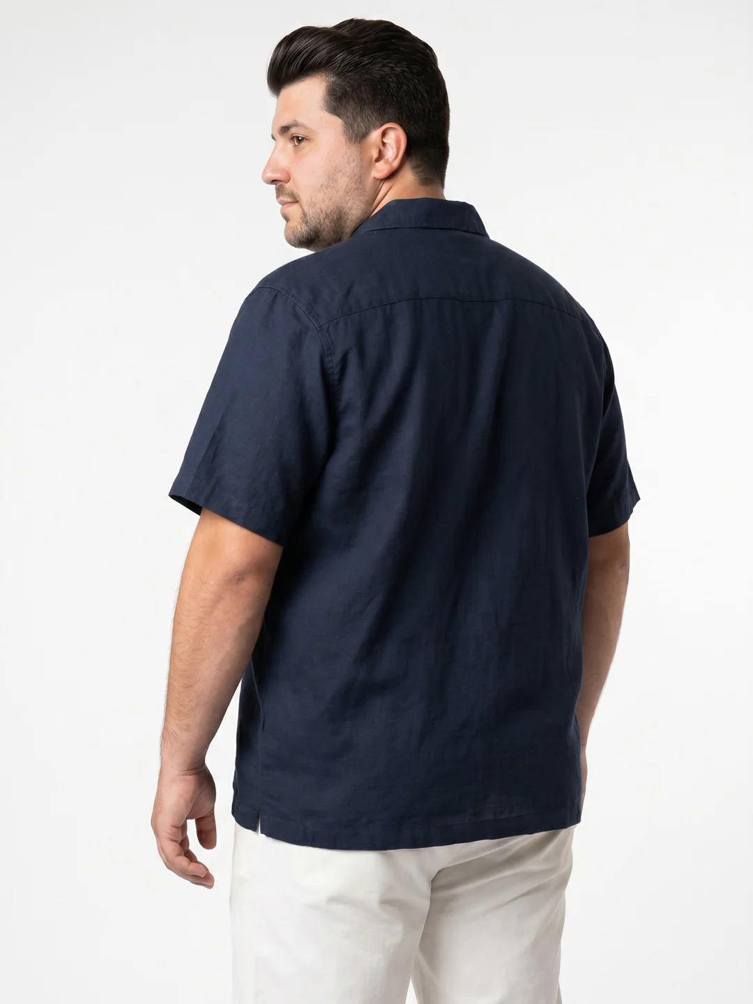 Plus Men's Navy Linen Half Sleeve Oversized Fit Shirt with Cuban Collar - Image 3