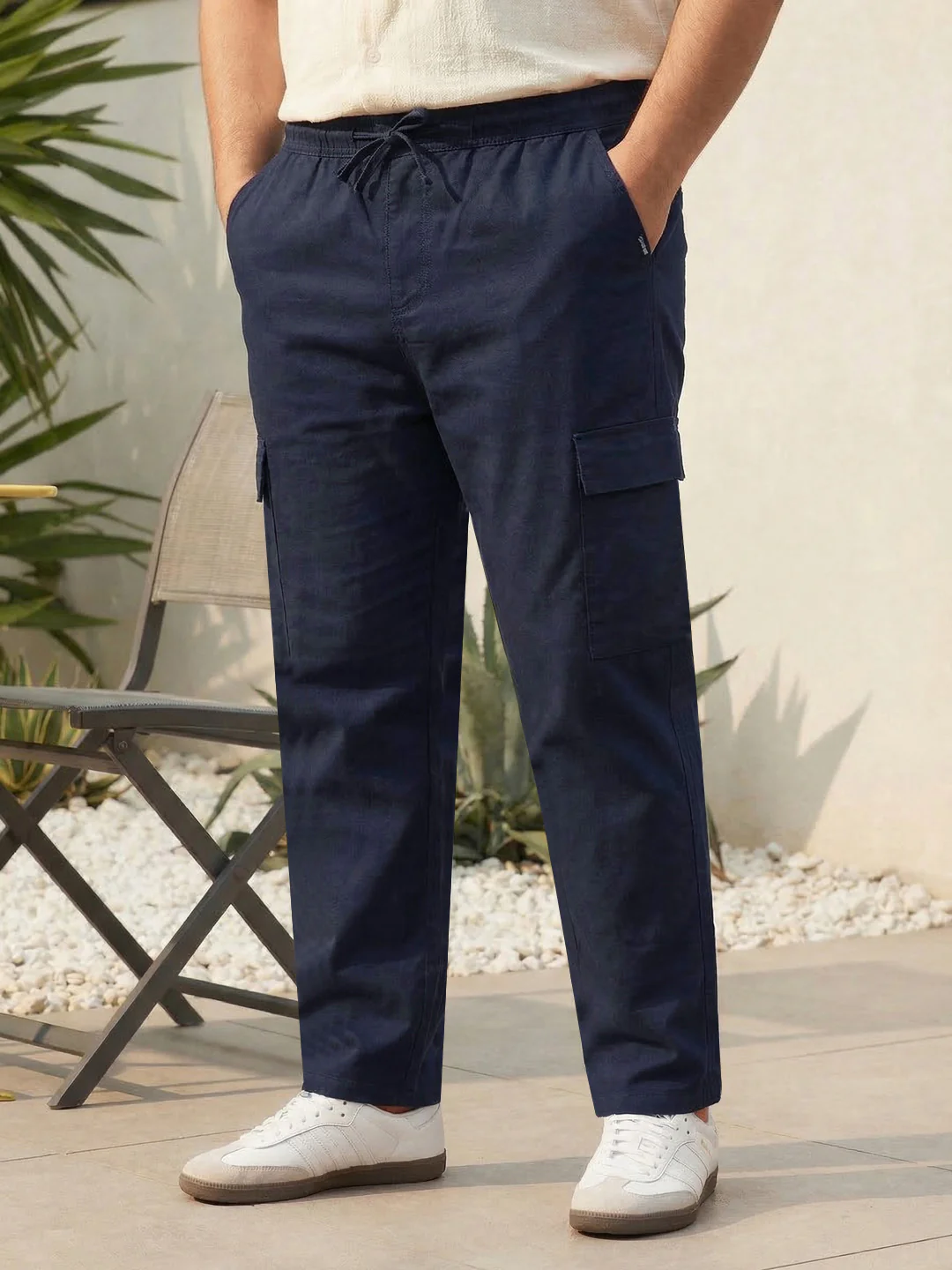 Plus Men's Navy Straight Fit Linen Cargo Pants with 6 Pockets