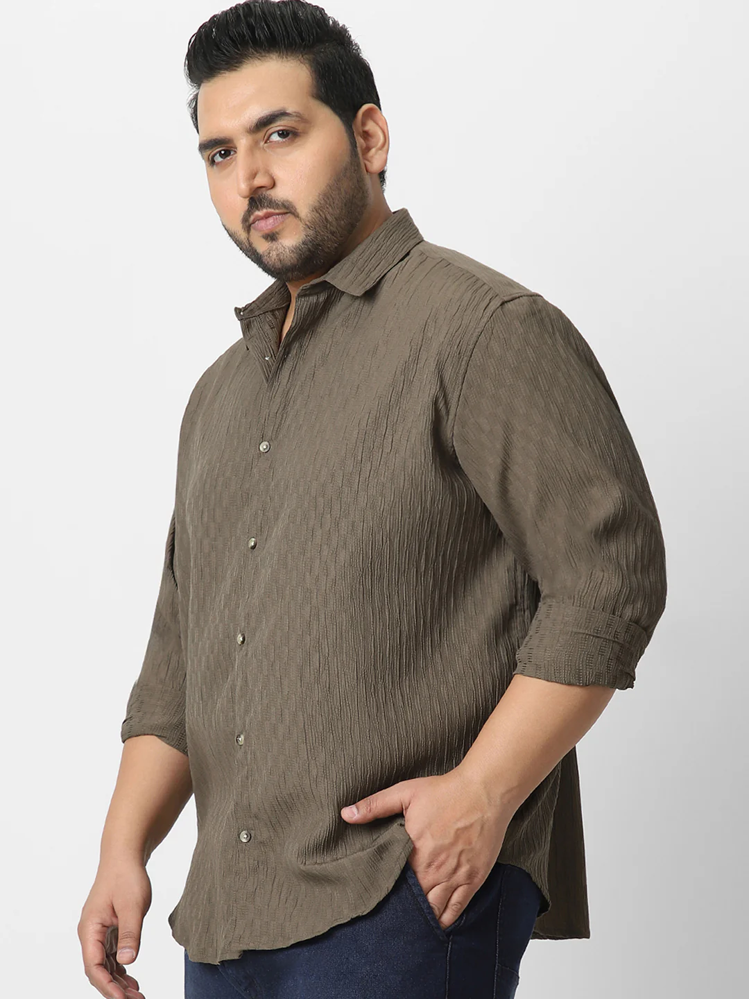 Plus Men's Olive Green Cotton Full Sleeve Regular Fit Textured Shirt with Spread Collar - Image 2