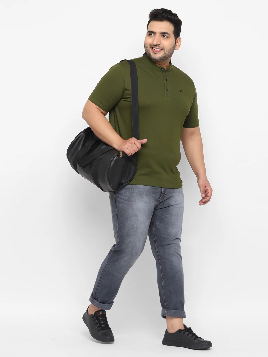 Plus Men's Olive Green Solid Mandarin Collar Regular Fit Cotton T-Shirt - Image 2