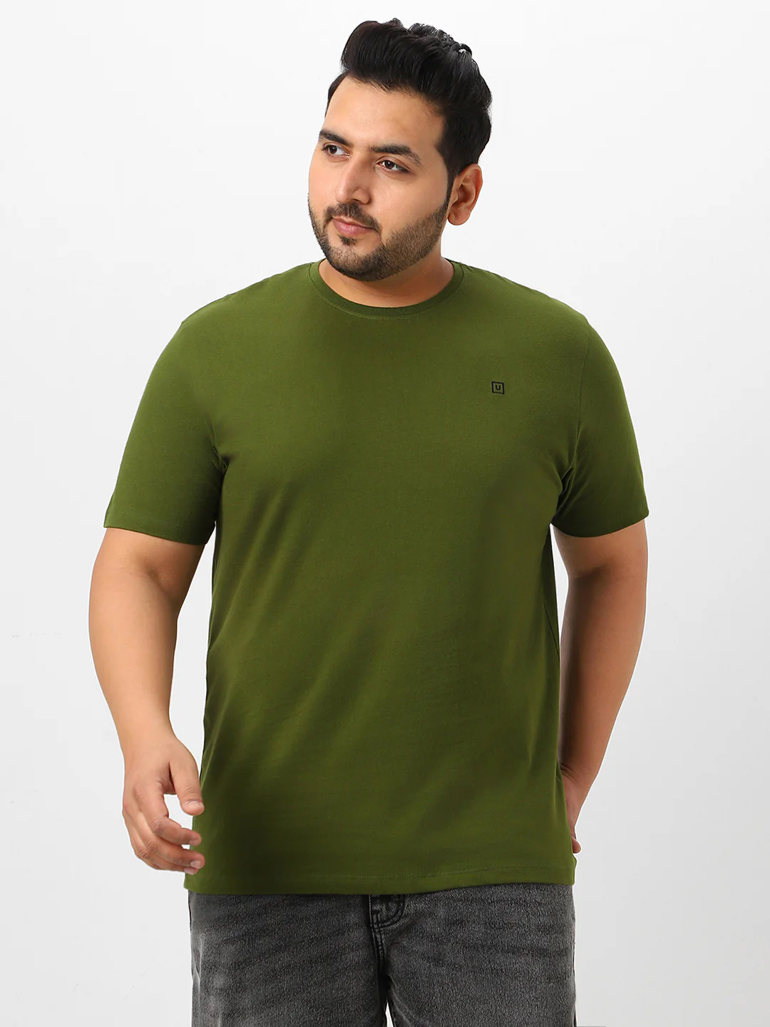 Plus Men's Olive Green Solid Regular Fit Round Neck Cotton T-Shirt - Image 2