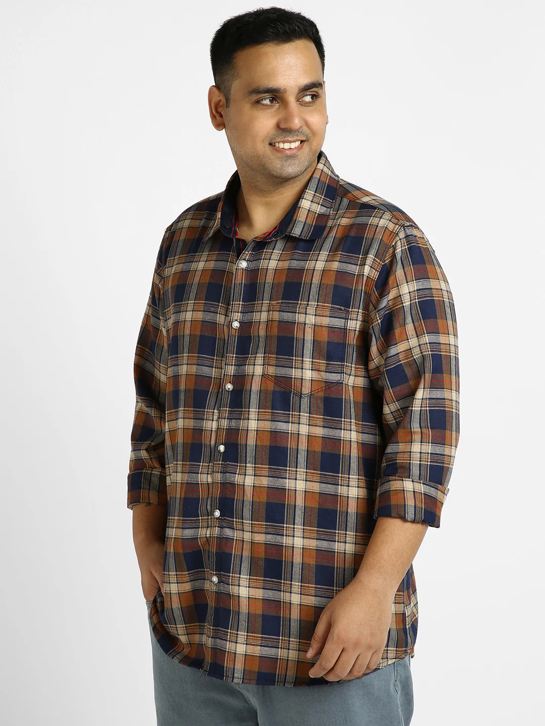 Plus Men's Orange Cotton Full Sleeve Regular Fit Casual Checkered Shirt with Hooded Neck - Image 2