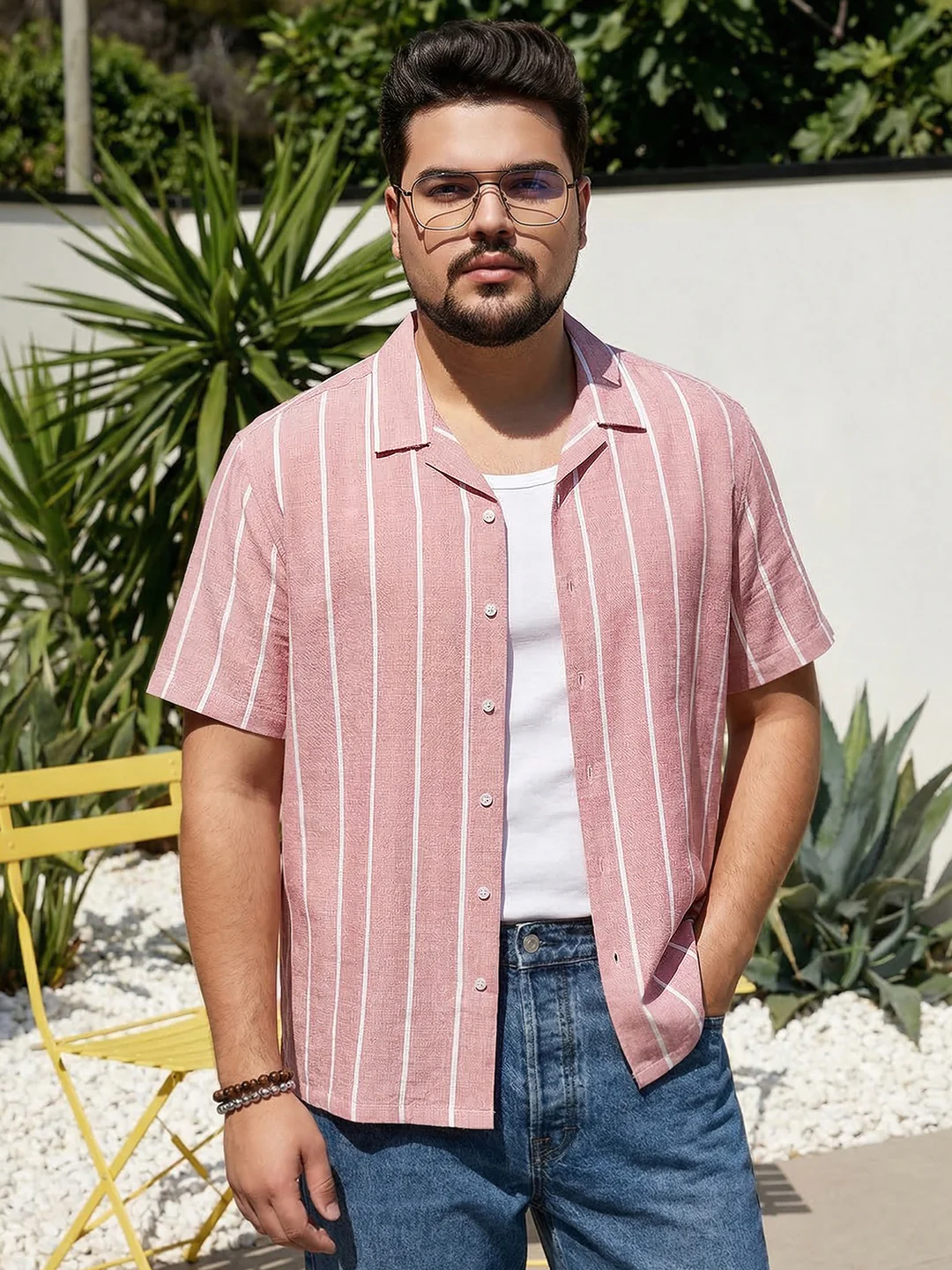 Plus Men's Pink Cotton Half Sleeve Relaxed Fit Linen Striped Shirt with Cuban Collar