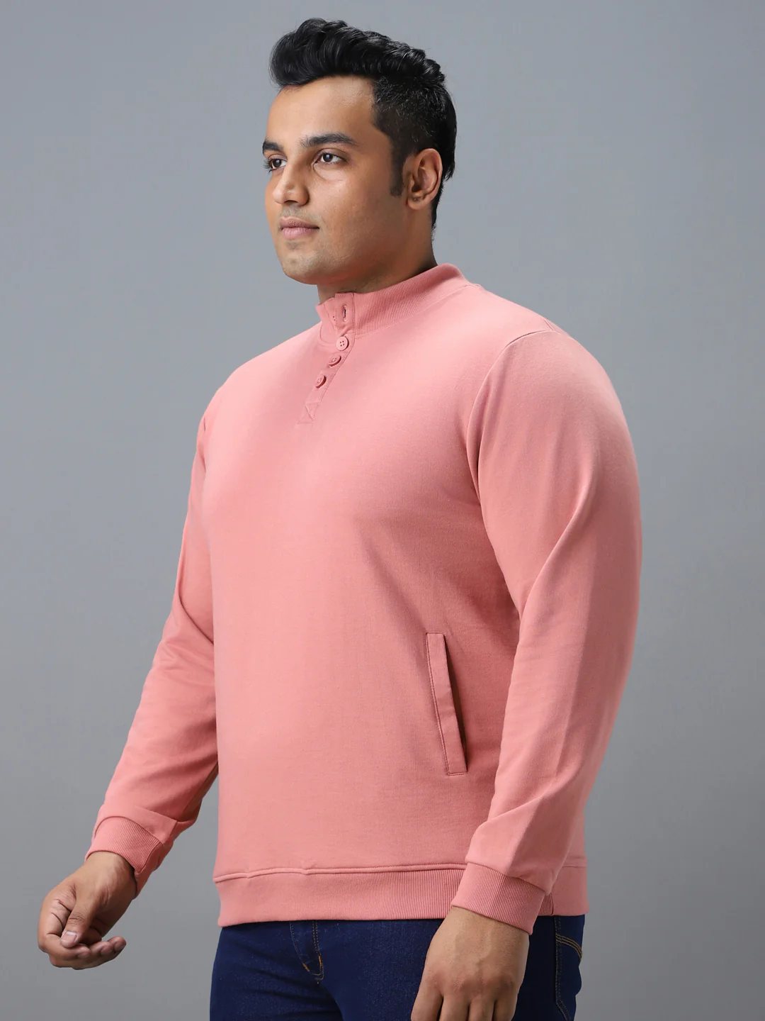 Plus Men's Pink Cotton Solid Button High Neck Sweatshirt - Image 2