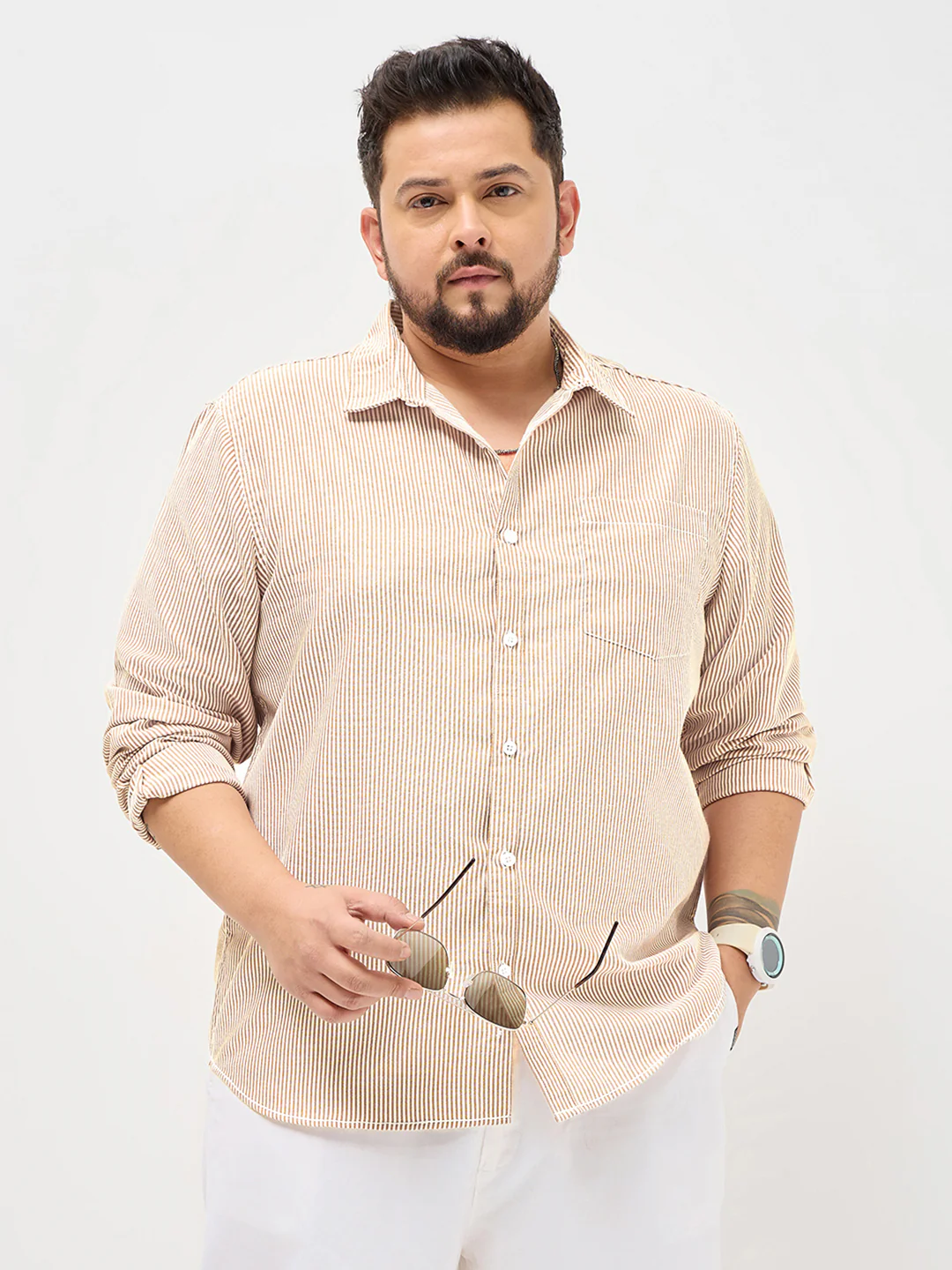 Plus Men's Pumpkin Spice Cotton Full Sleeve Regular Fit Casual Striped Shirt - Image 2