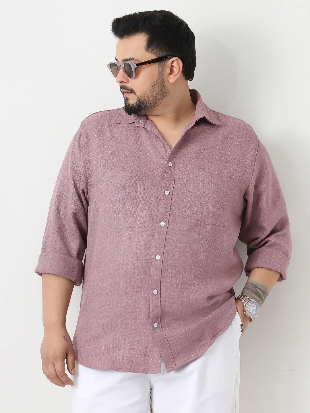 Plus Men's Purple Linen Blend Full Sleeve Relaxed Fit Casual Solid Shirt
