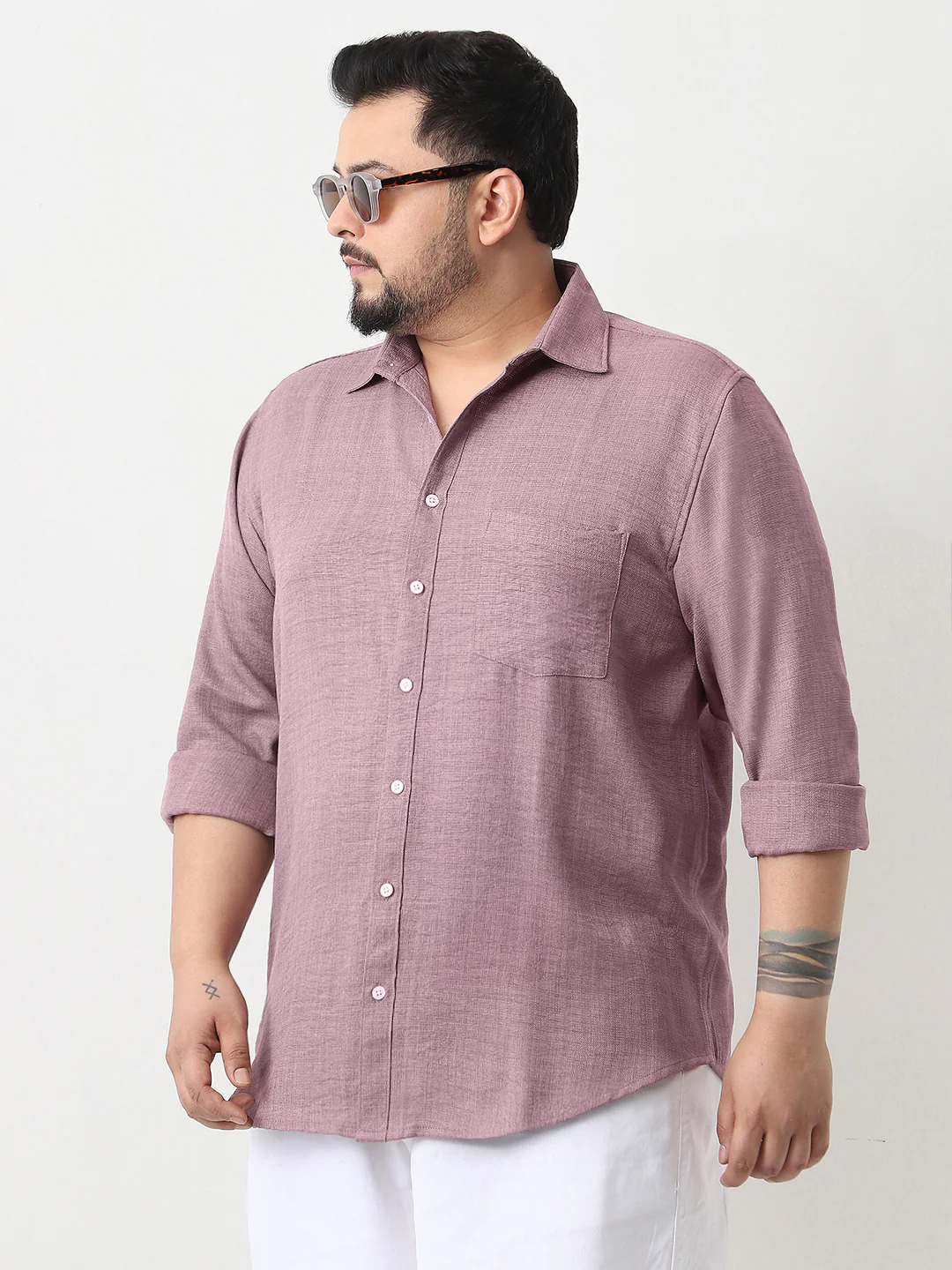 Plus Men's Purple Linen Blend Full Sleeve Relaxed Fit Casual Solid Shirt - Image 2