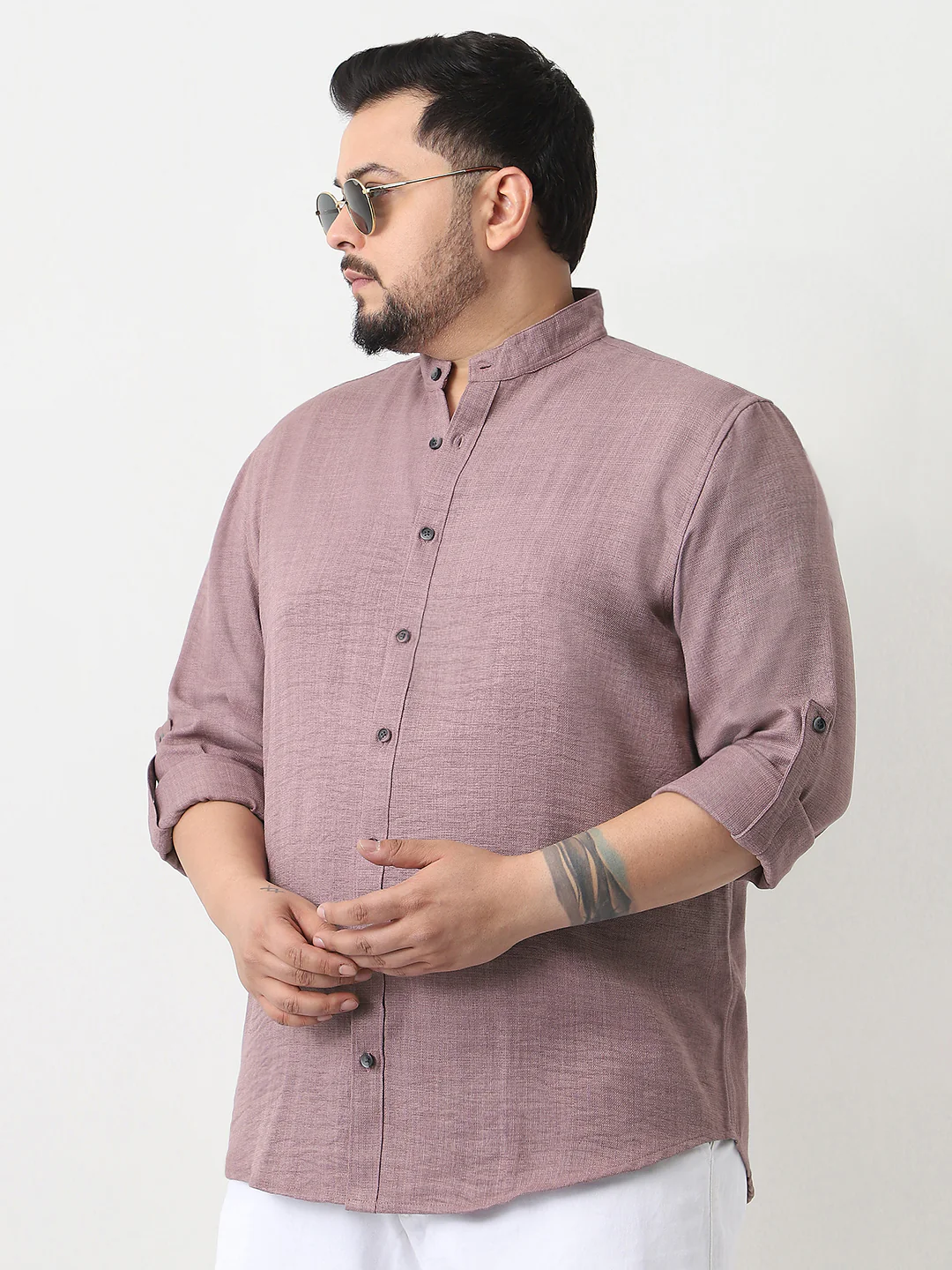 Plus Men's Purple Linen Blend Full Sleeve Relaxed Fit Mandarin Collar Casual Solid Shirt - Image 3
