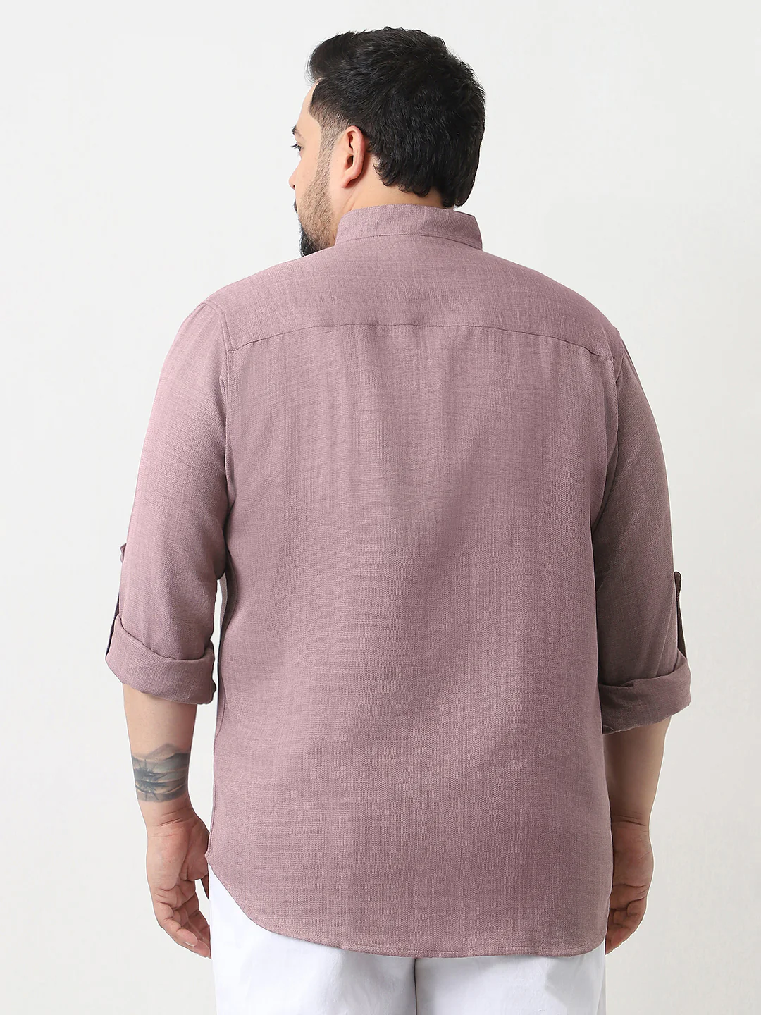 Plus Men's Purple Linen Blend Full Sleeve Relaxed Fit Mandarin Collar Casual Solid Shirt - Image 4