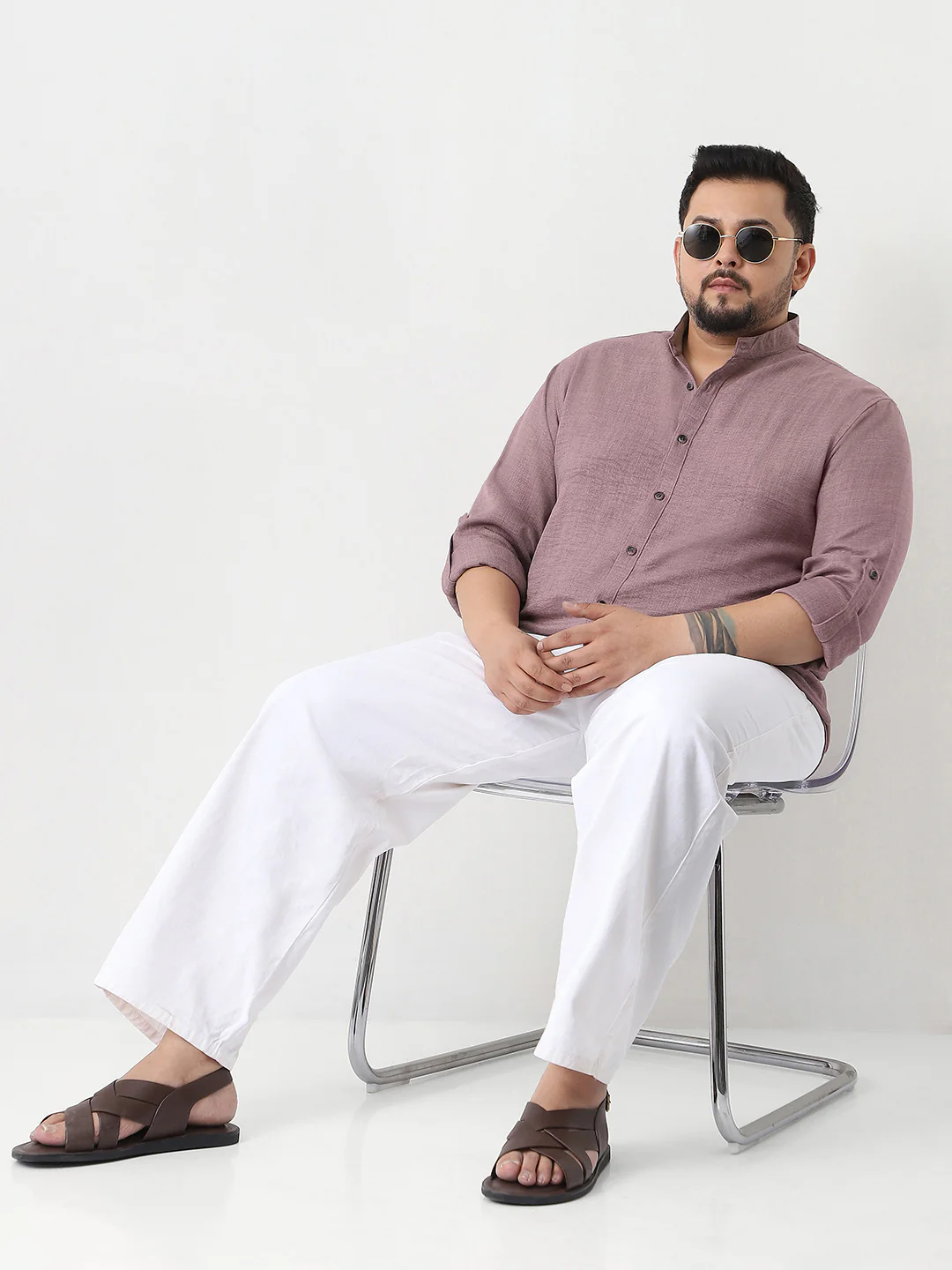 Plus Men's Purple Linen Blend Full Sleeve Relaxed Fit Mandarin Collar Casual Solid Shirt - Image 5