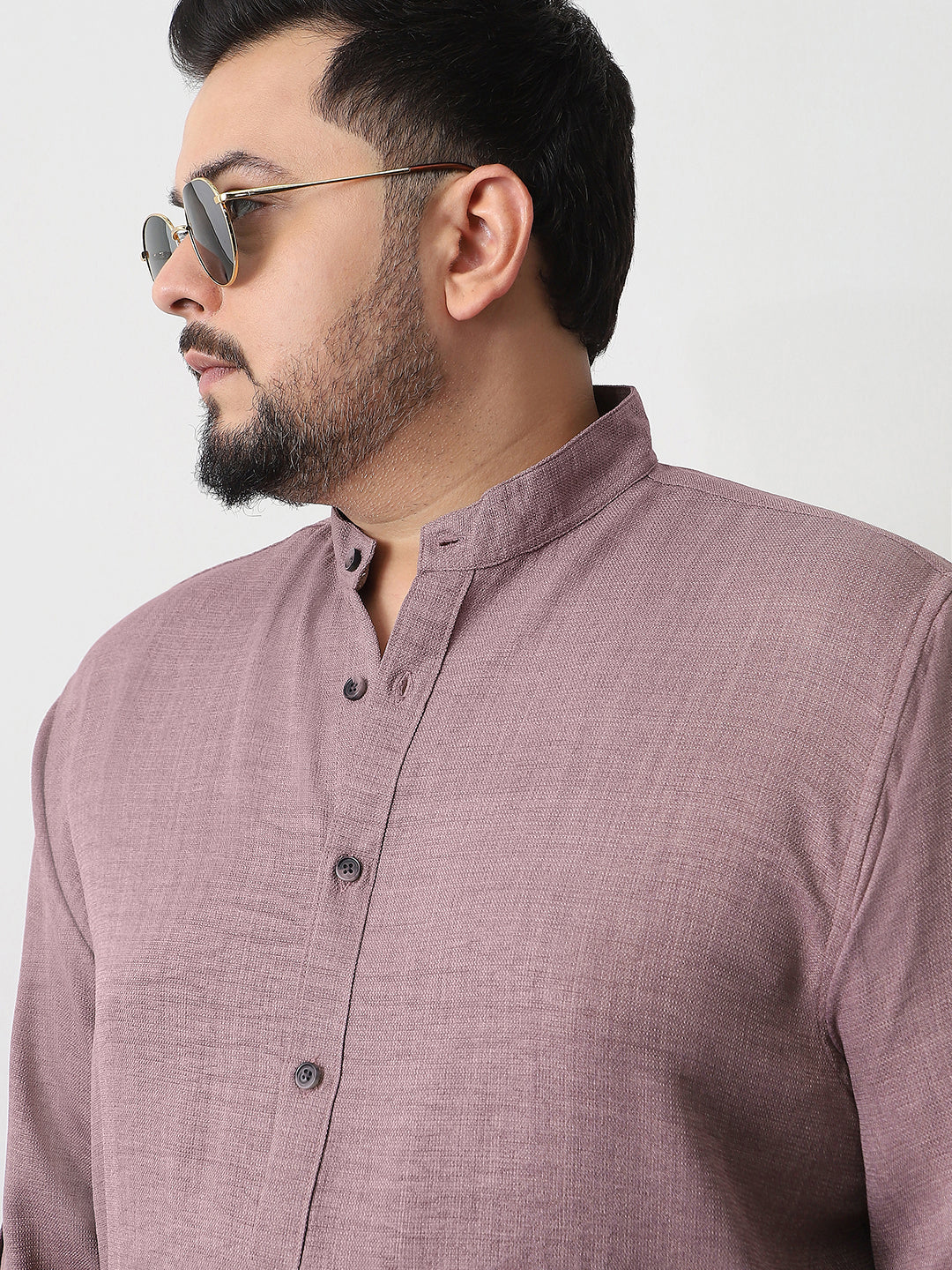 Plus Men's Purple Linen Blend Full Sleeve Relaxed Fit Mandarin Collar Casual Solid Shirt - Image 6
