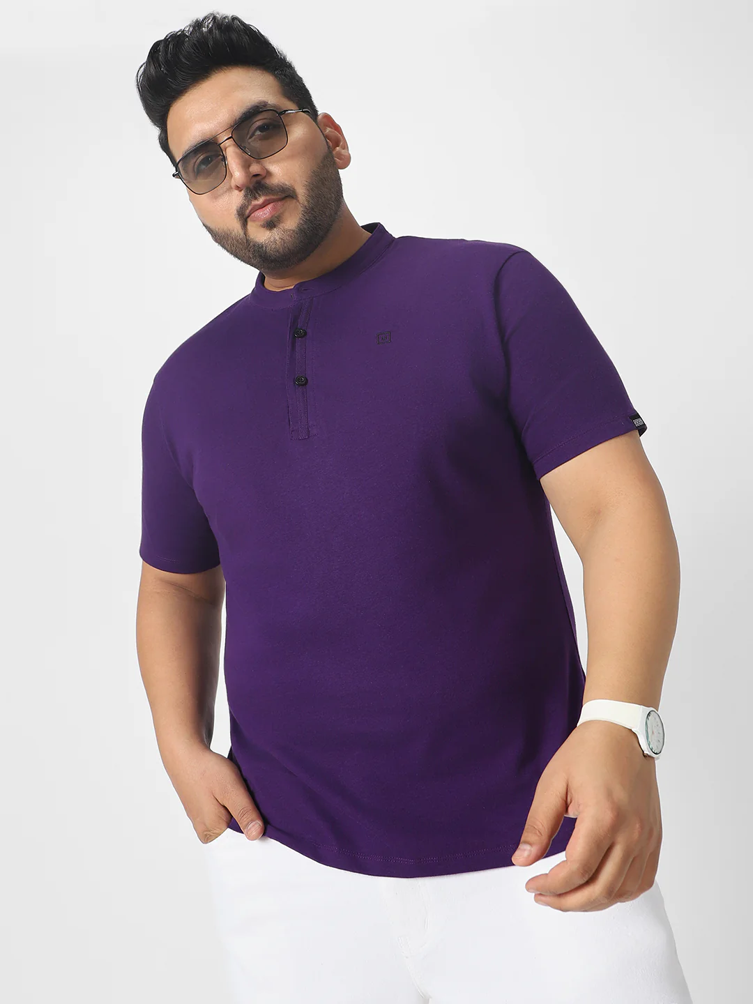 Plus Men's Purple Solid Mandarin Collar Regular Fit Cotton T-Shirt - Image 2