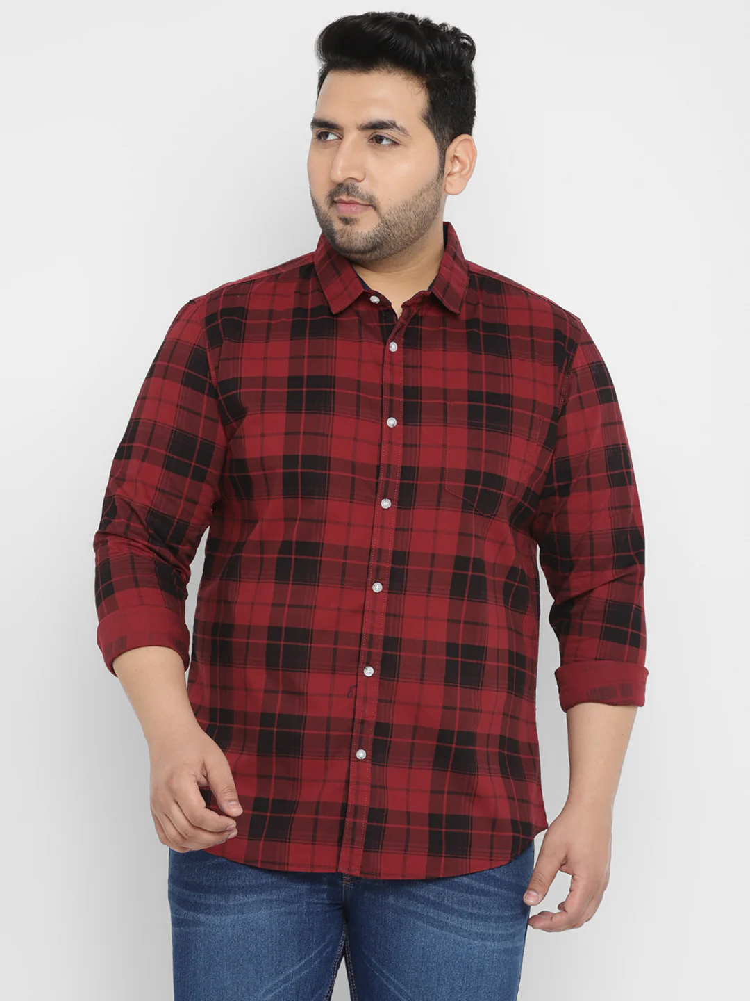 Plus Men's Red Cotton Full Sleeve Regular Fit Casual Checkered Shirt