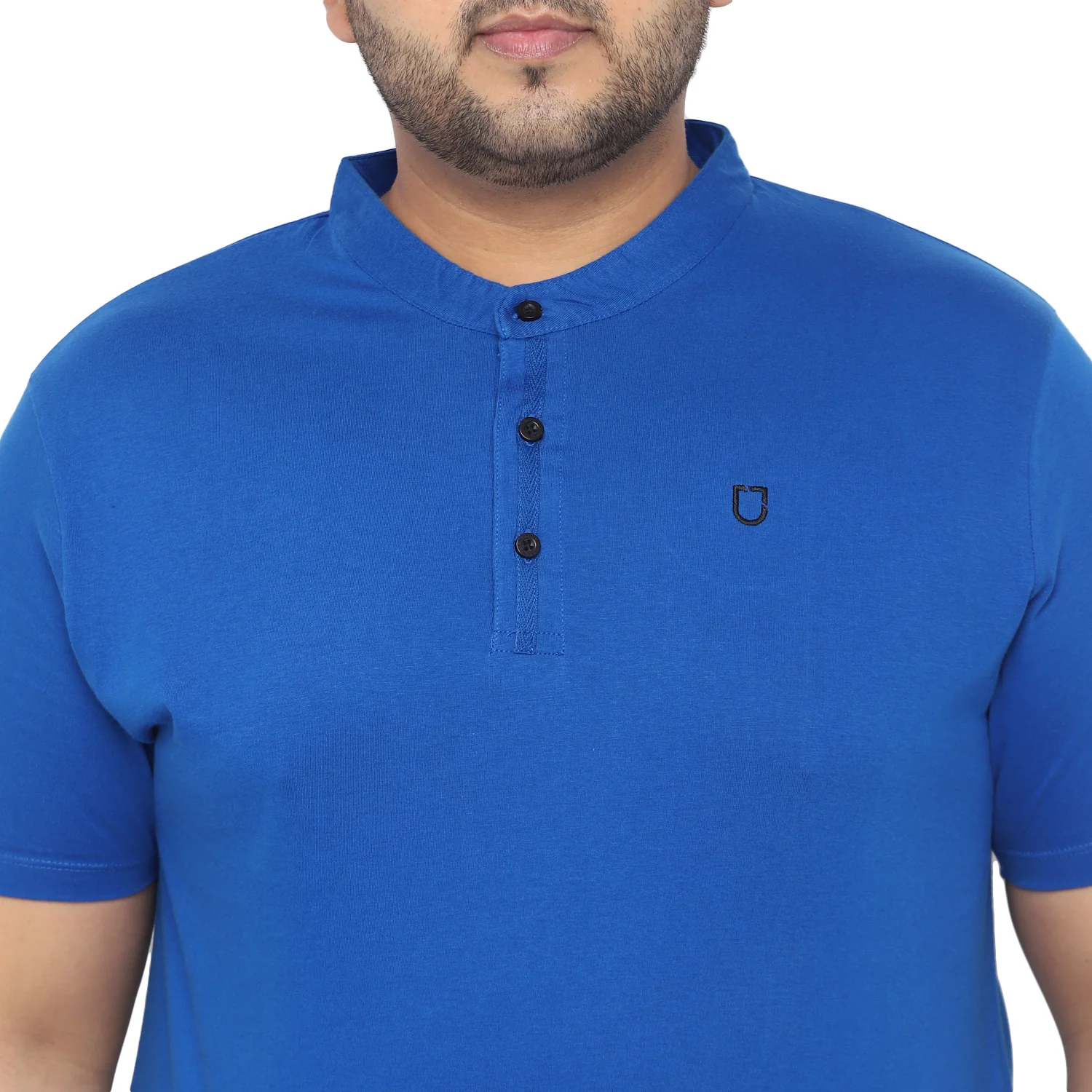 Plus Men's Royal Blue Solid Mandarin Collar Regular Fit Cotton T-Shirt - Image 8