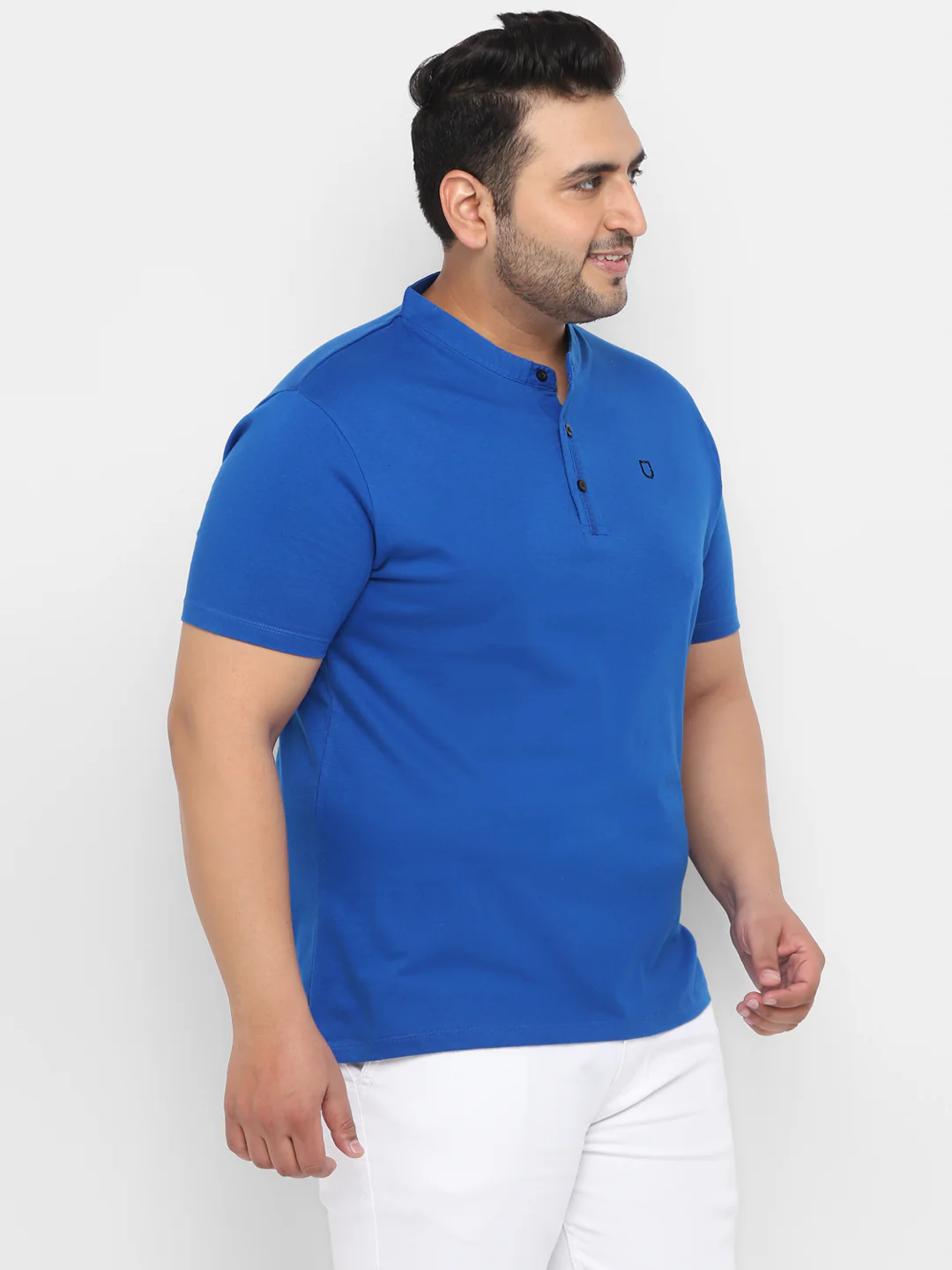 Plus Men's Royal Blue Solid Mandarin Collar Regular Fit Cotton T-Shirt - Image 3