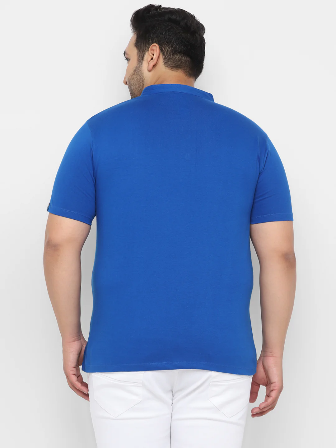 Plus Men's Royal Blue Solid Mandarin Collar Regular Fit Cotton T-Shirt - Image 4