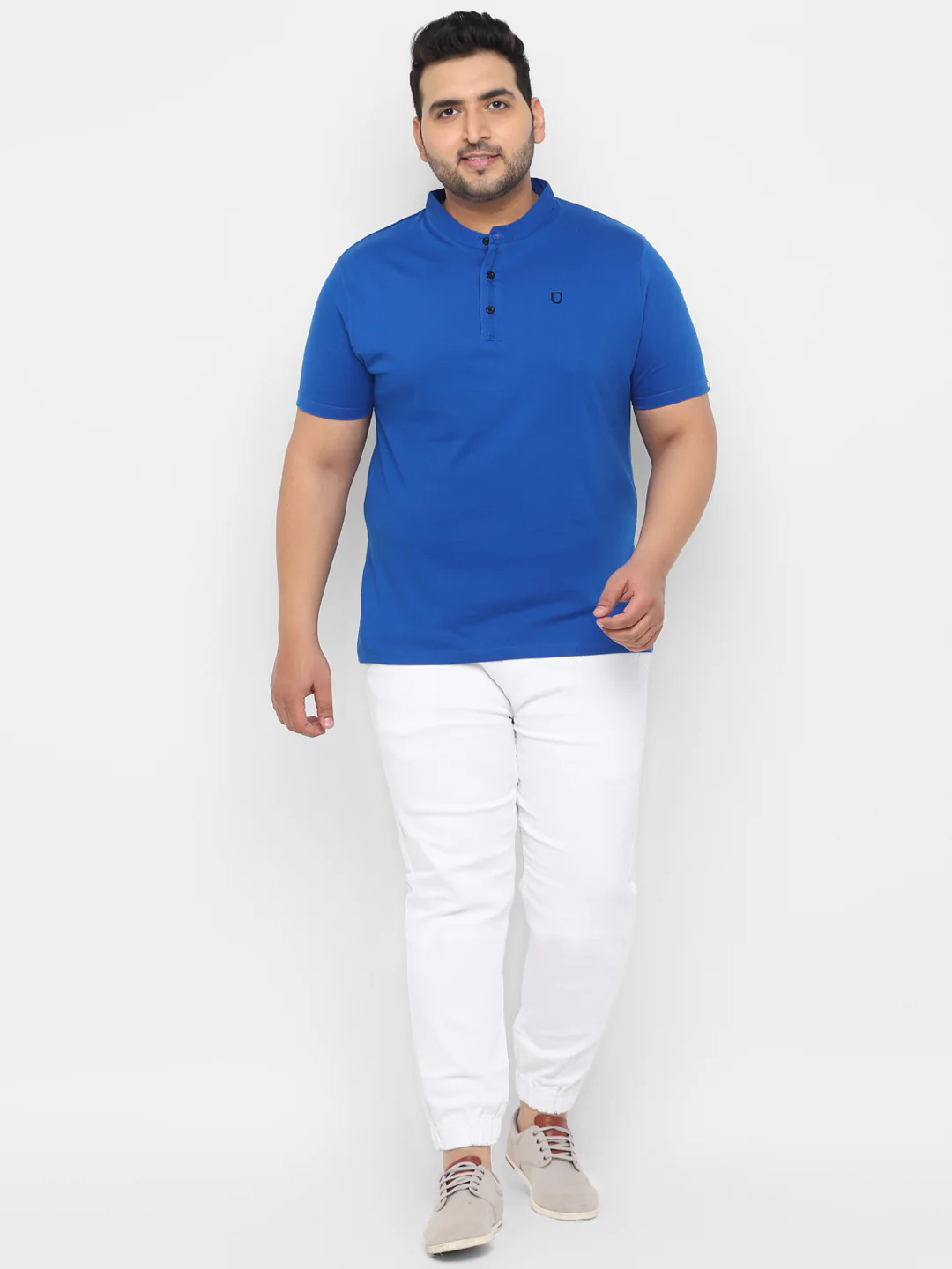 Plus Men's Royal Blue Solid Mandarin Collar Regular Fit Cotton T-Shirt - Image 5
