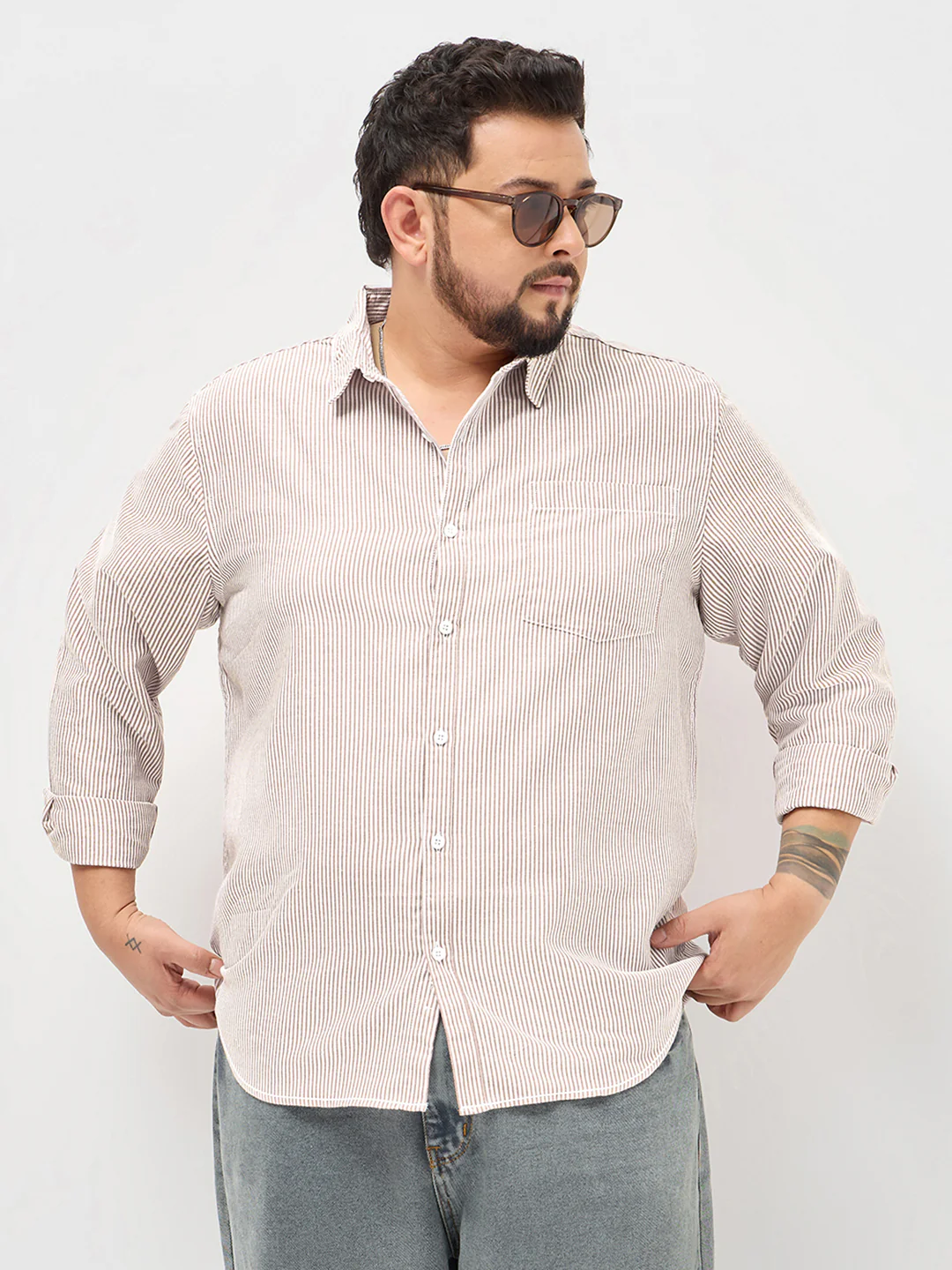Plus Men's Rust Cotton Full Sleeve Regular Fit Casual Striped Shirt - Image 2