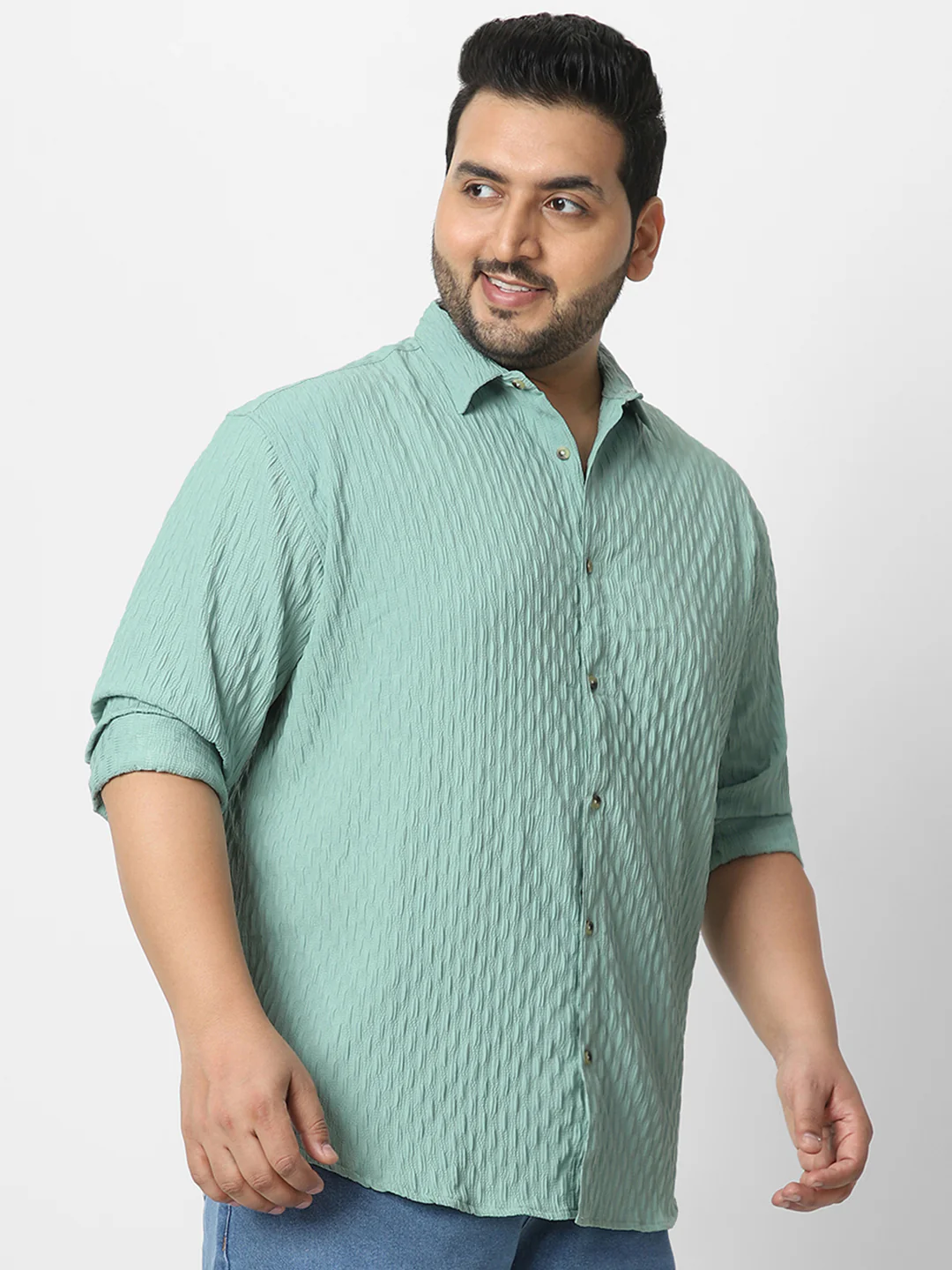Plus Men's Sea Green Cotton Full Sleeve Regular Fit Textured Shirt with Spread Collar - Image 2