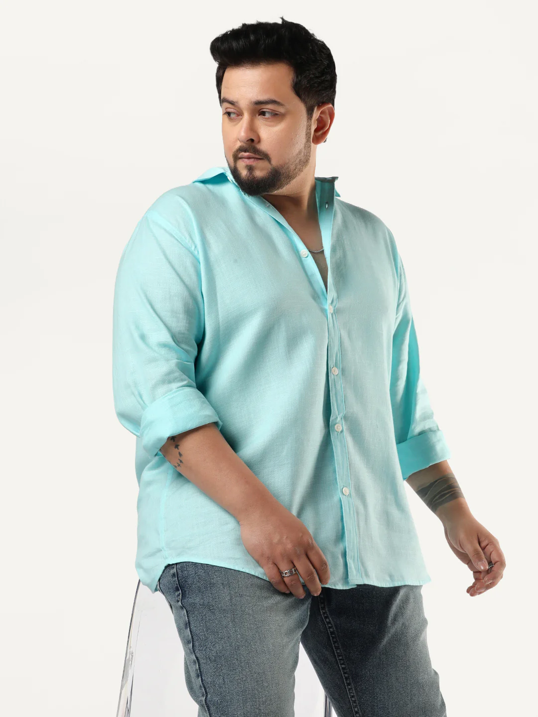 Plus Men's Sky Blue Linen Blend Full Sleeve Relaxed Fit Casual Solid Shirt - Image 2