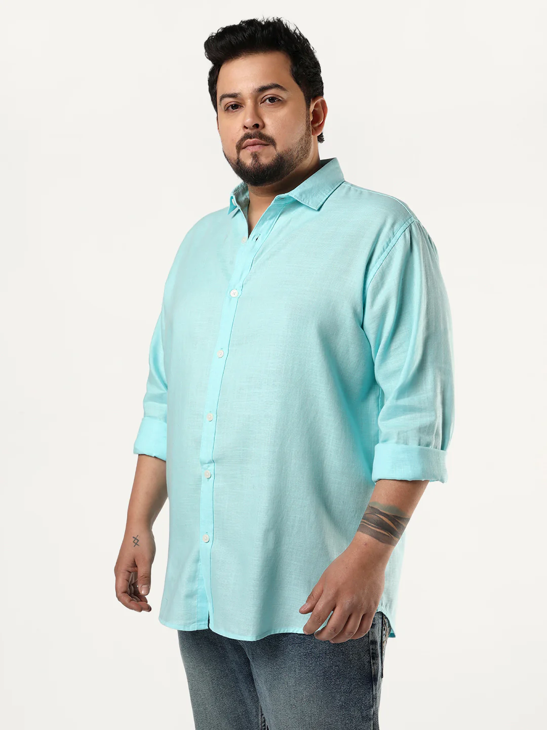 Plus Men's Sky Blue Linen Blend Full Sleeve Relaxed Fit Casual Solid Shirt - Image 3