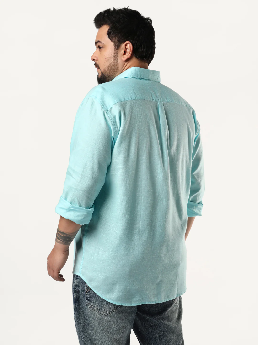 Plus Men's Sky Blue Linen Blend Full Sleeve Relaxed Fit Casual Solid Shirt - Image 4