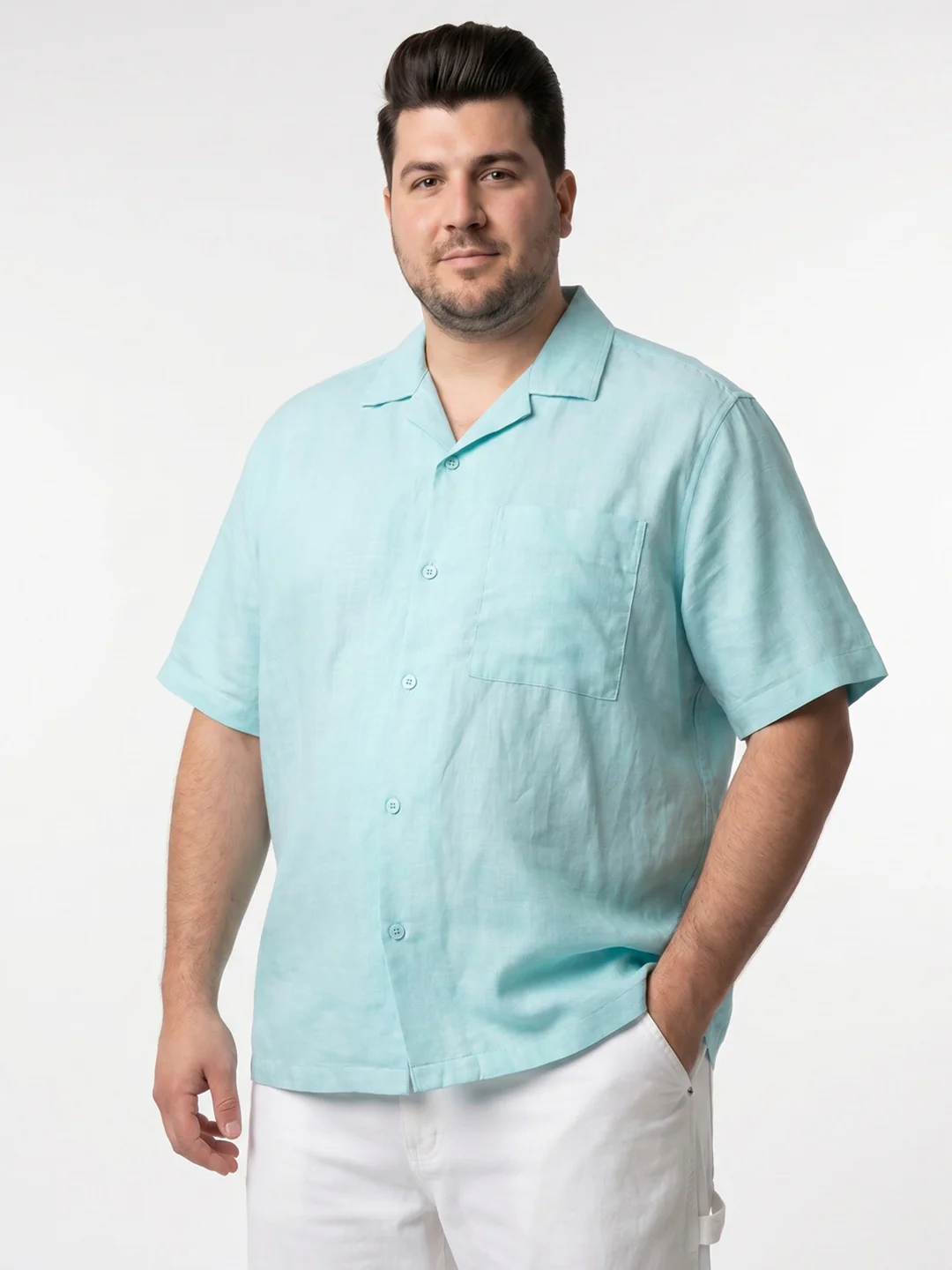 Plus Men's Sky Blue Linen Half Sleeve Oversized Fit Shirt with Cuban Collar - Image 2
