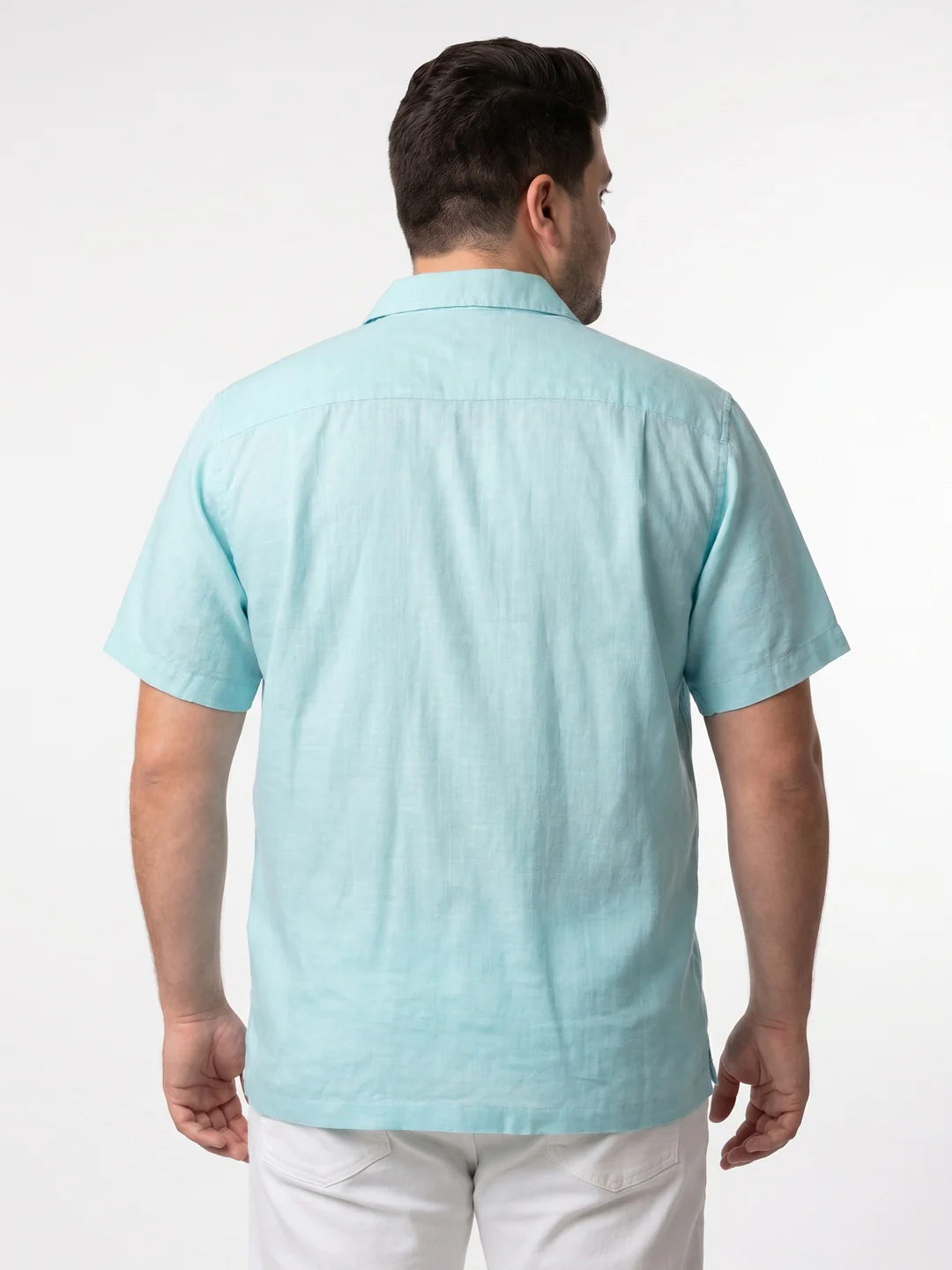 Plus Men's Sky Blue Linen Half Sleeve Oversized Fit Shirt with Cuban Collar - Image 3
