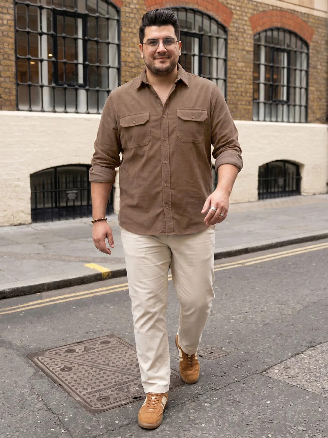Plus Men's Taupe Corduroy Full Sleeve Regular Fit Solid Overshirt with Utility Pockets - Image 4