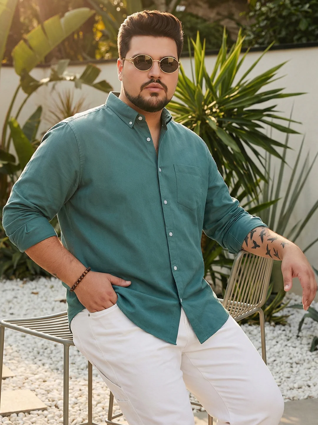 Plus Men's Teal Green Cotton Full Sleeve Regular Fit Solid Oxford Shirt With Button-Down Collar